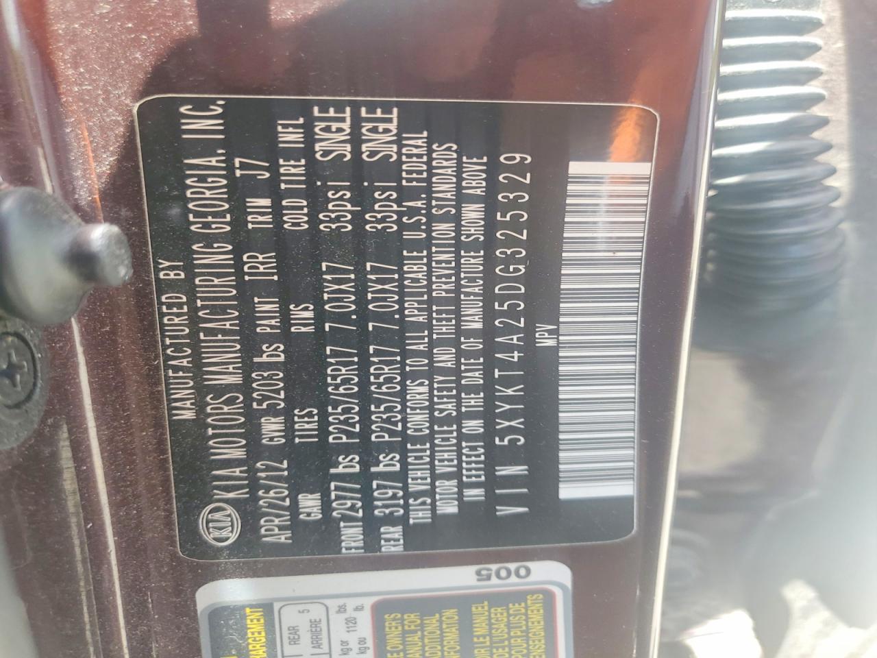 2013 Kia Sorento Lx Burgundy vin: 5XYKT4A25DG325329