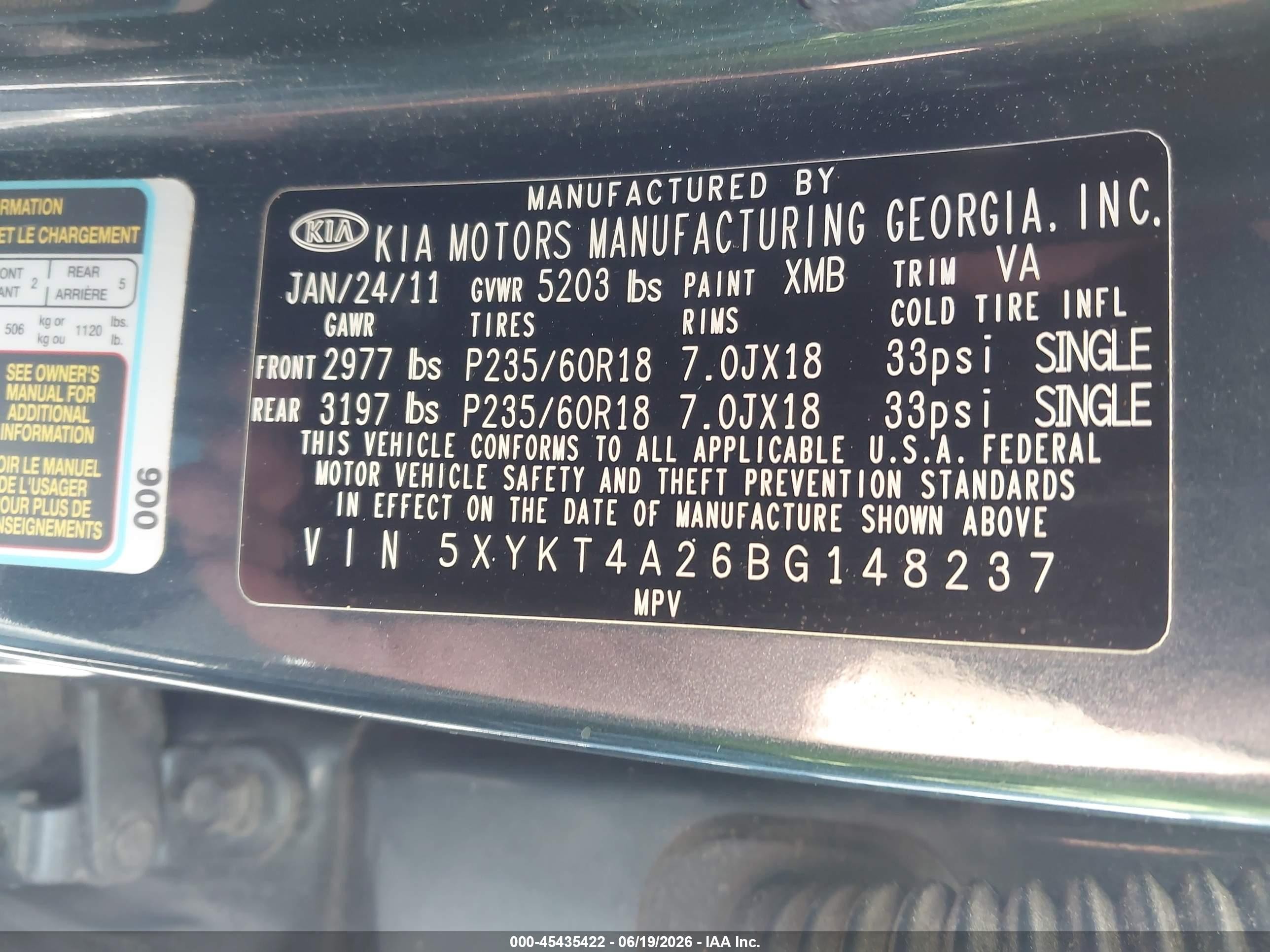 2011 Kia Sorento Lx V6 Blue vin: 5XYKT4A26BG148237