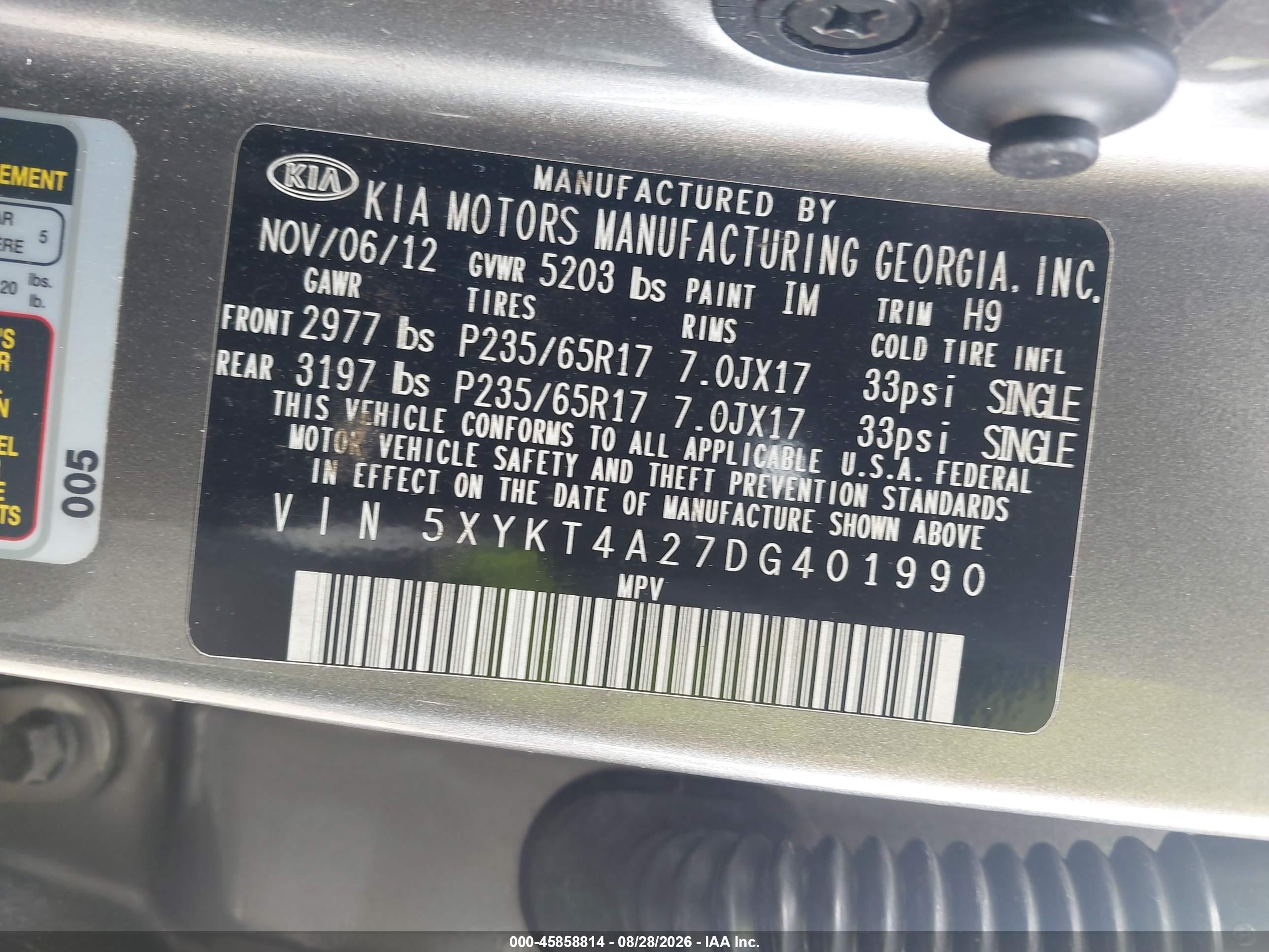 2013 Kia Sorento Lx V6 Gray vin: 5XYKT4A27DG401990