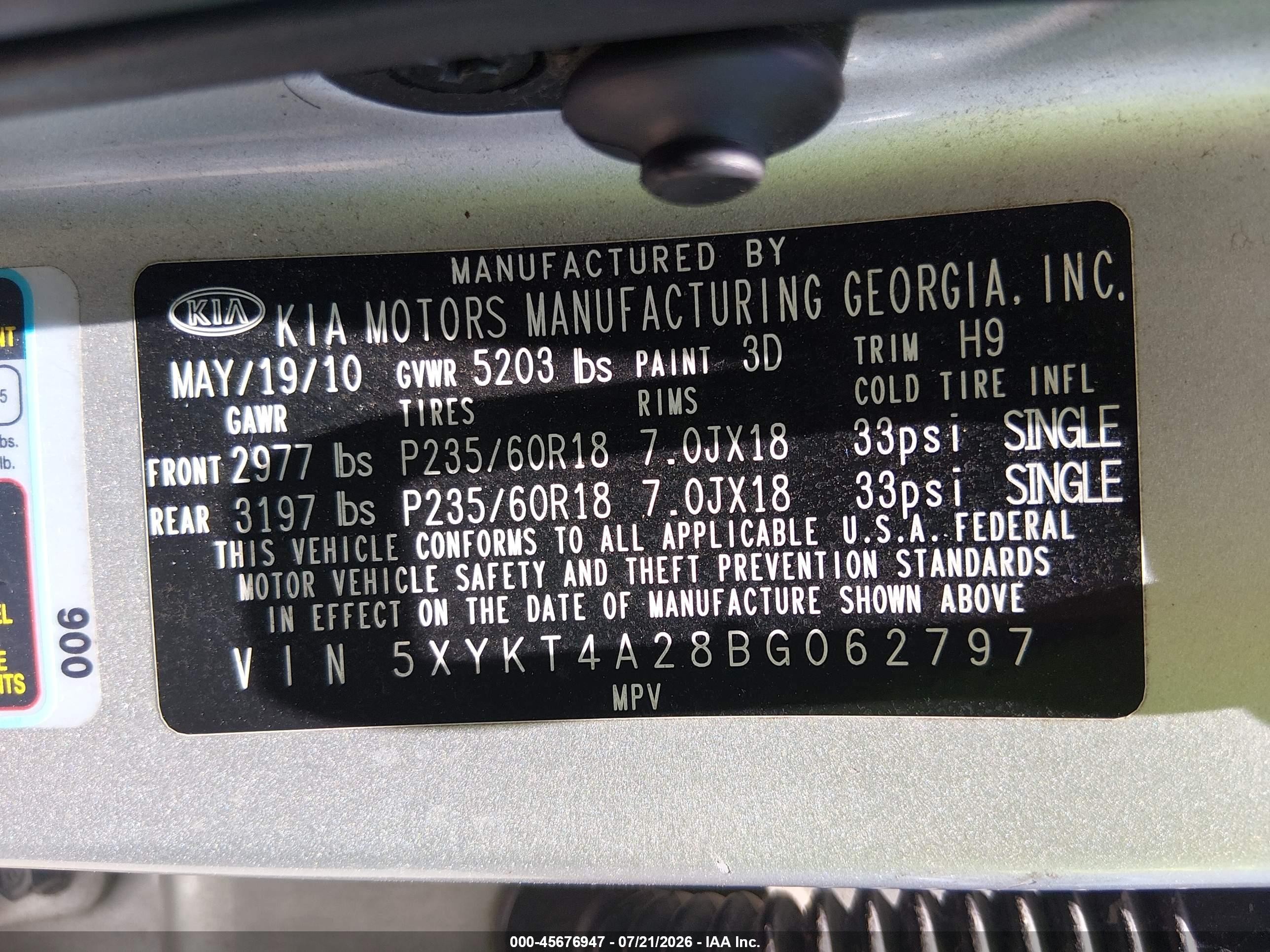 2011 Kia Sorento Lx V6 Silver vin: 5XYKT4A28BG062797