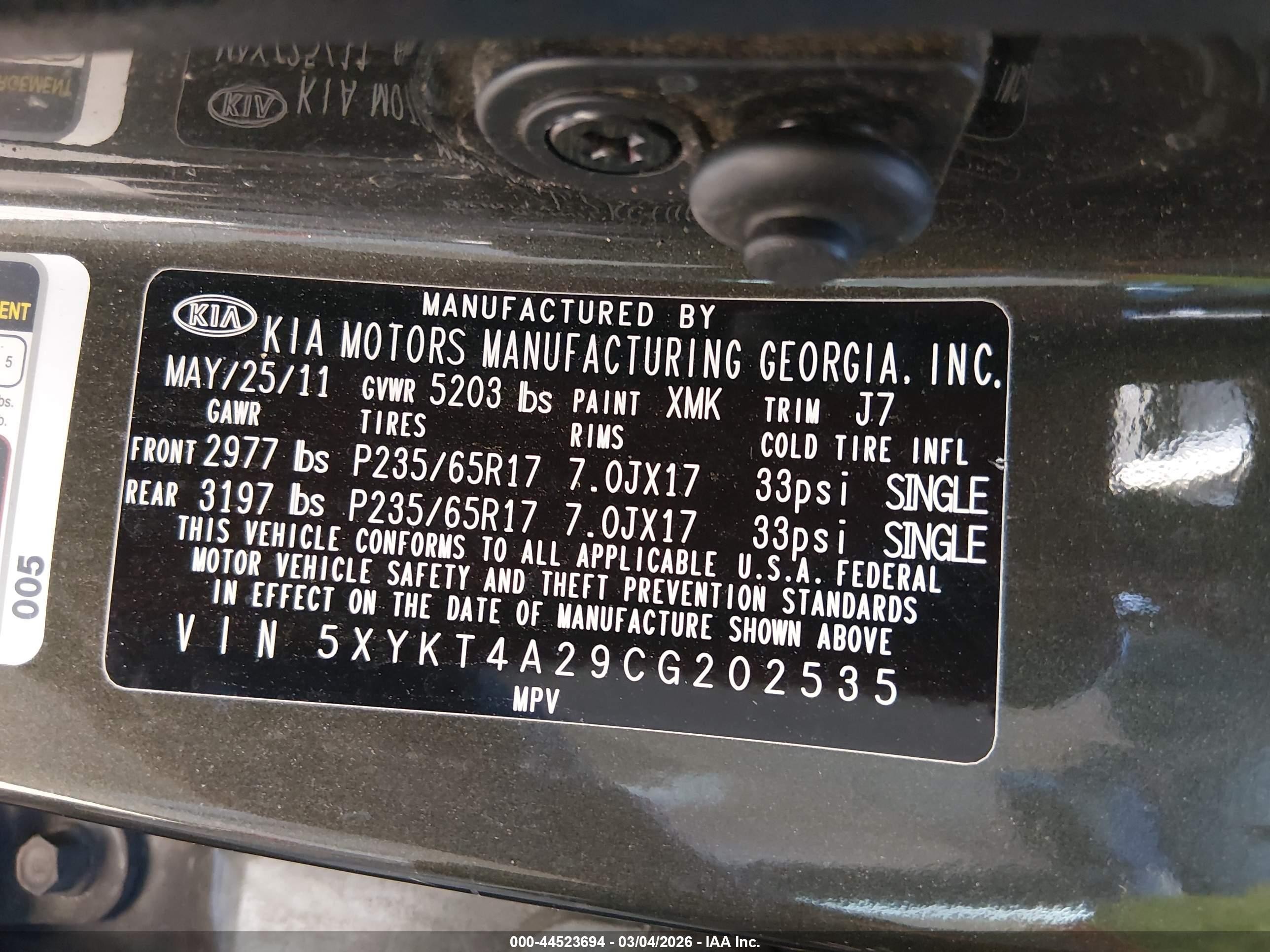 2012 Kia Sorento Lx V6 Green vin: 5XYKT4A29CG202535