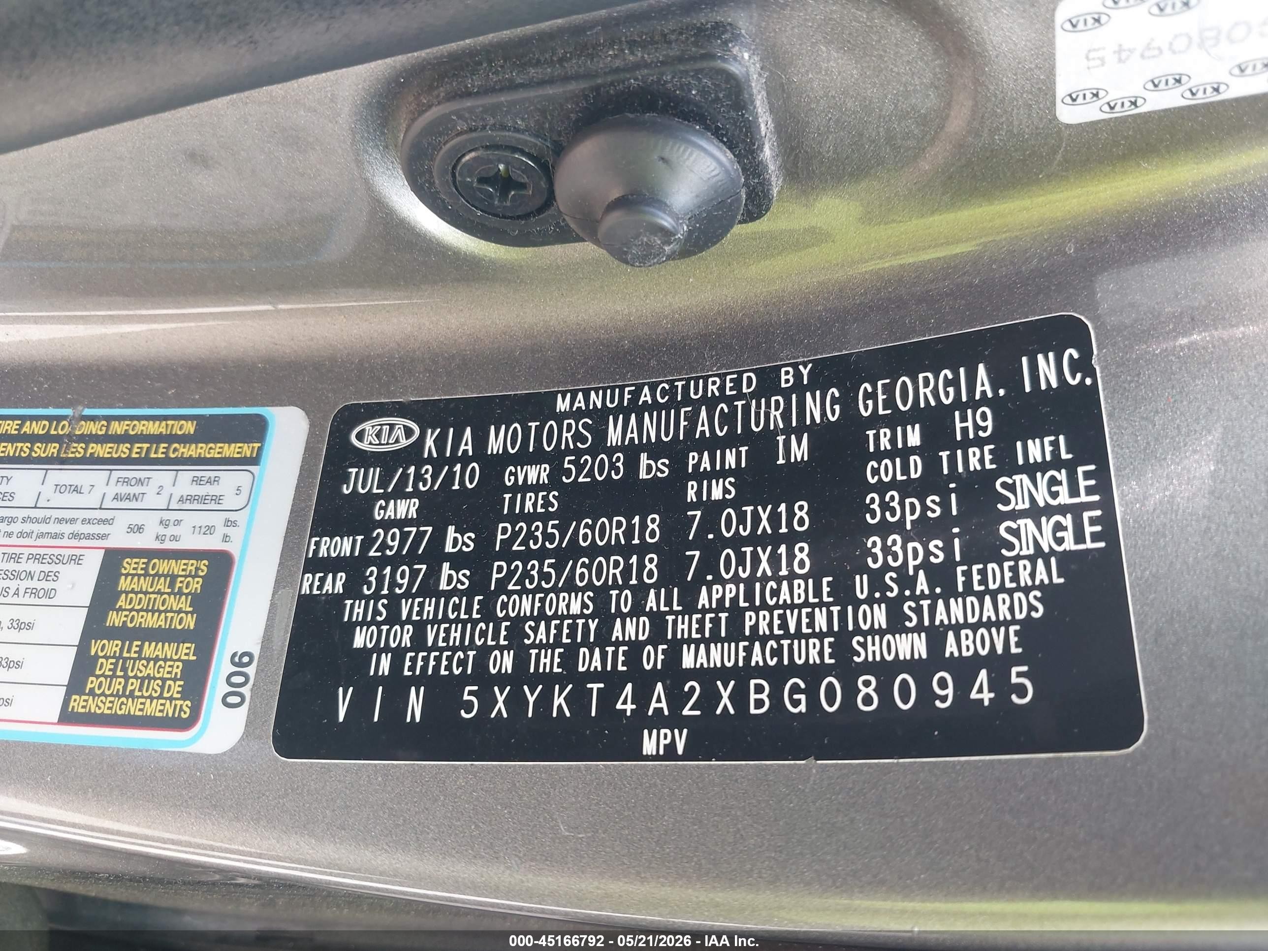 2011 Kia Sorento Lx V6 Gray vin: 5XYKT4A2XBG080945