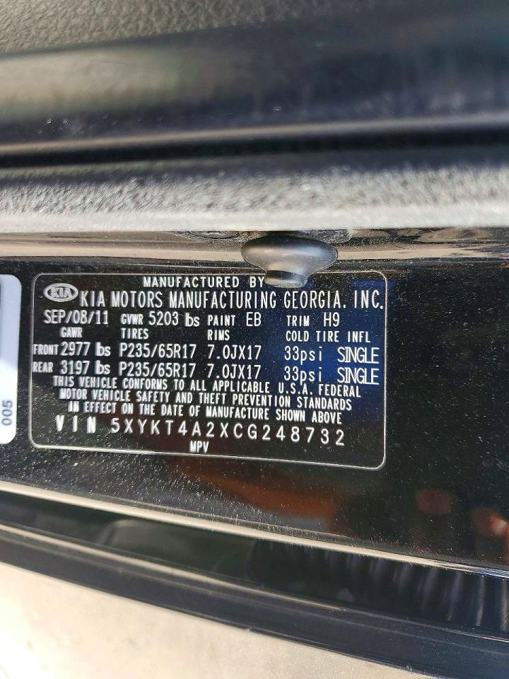 2012 Kia Sorento Lx Black vin: 5XYKT4A2XCG248732