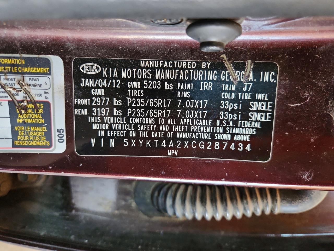 2012 Kia Sorento Lx Maroon vin: 5XYKT4A2XCG287434