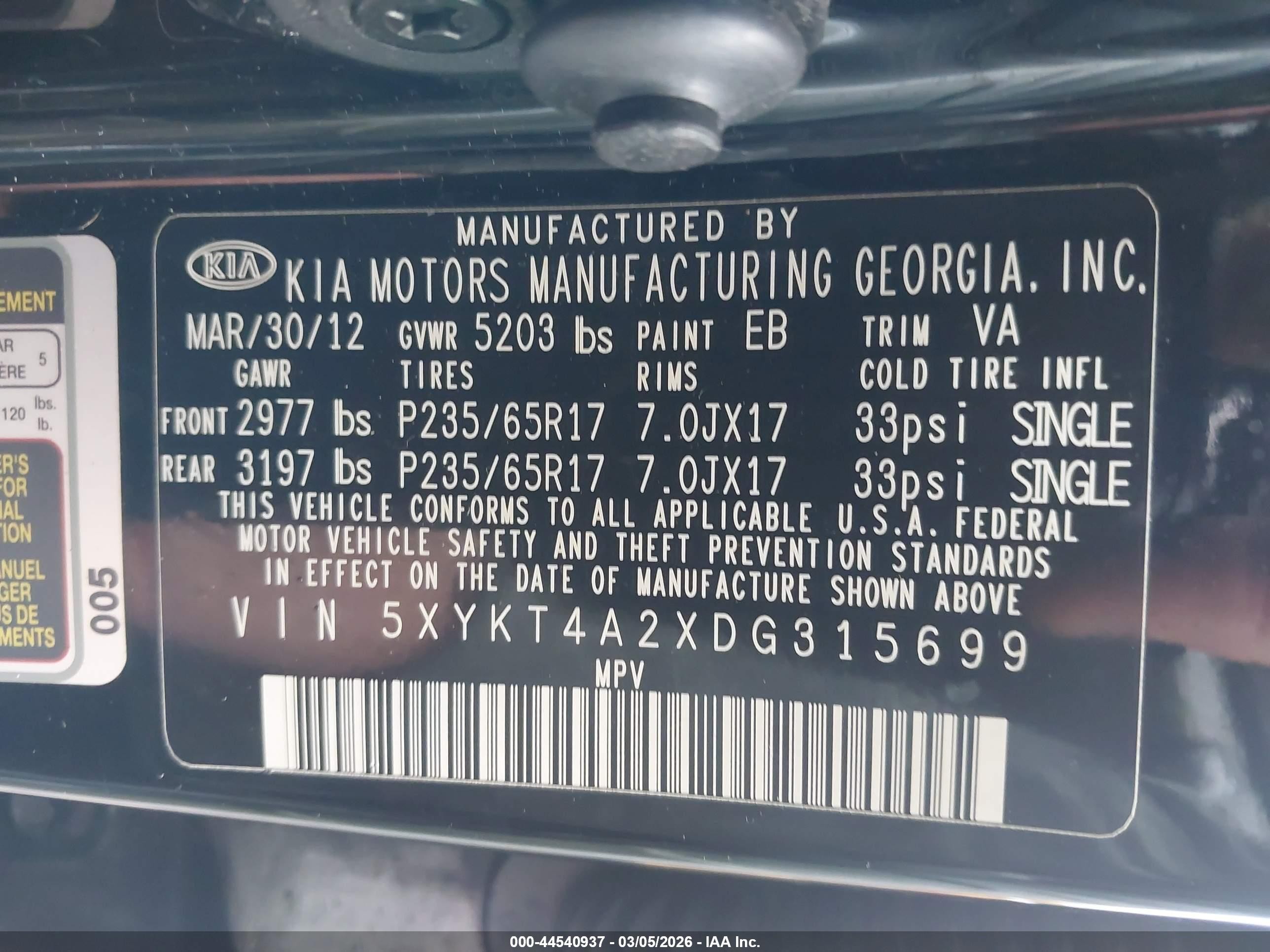 2013 Kia Sorento Lx V6 Black vin: 5XYKT4A2XDG315699