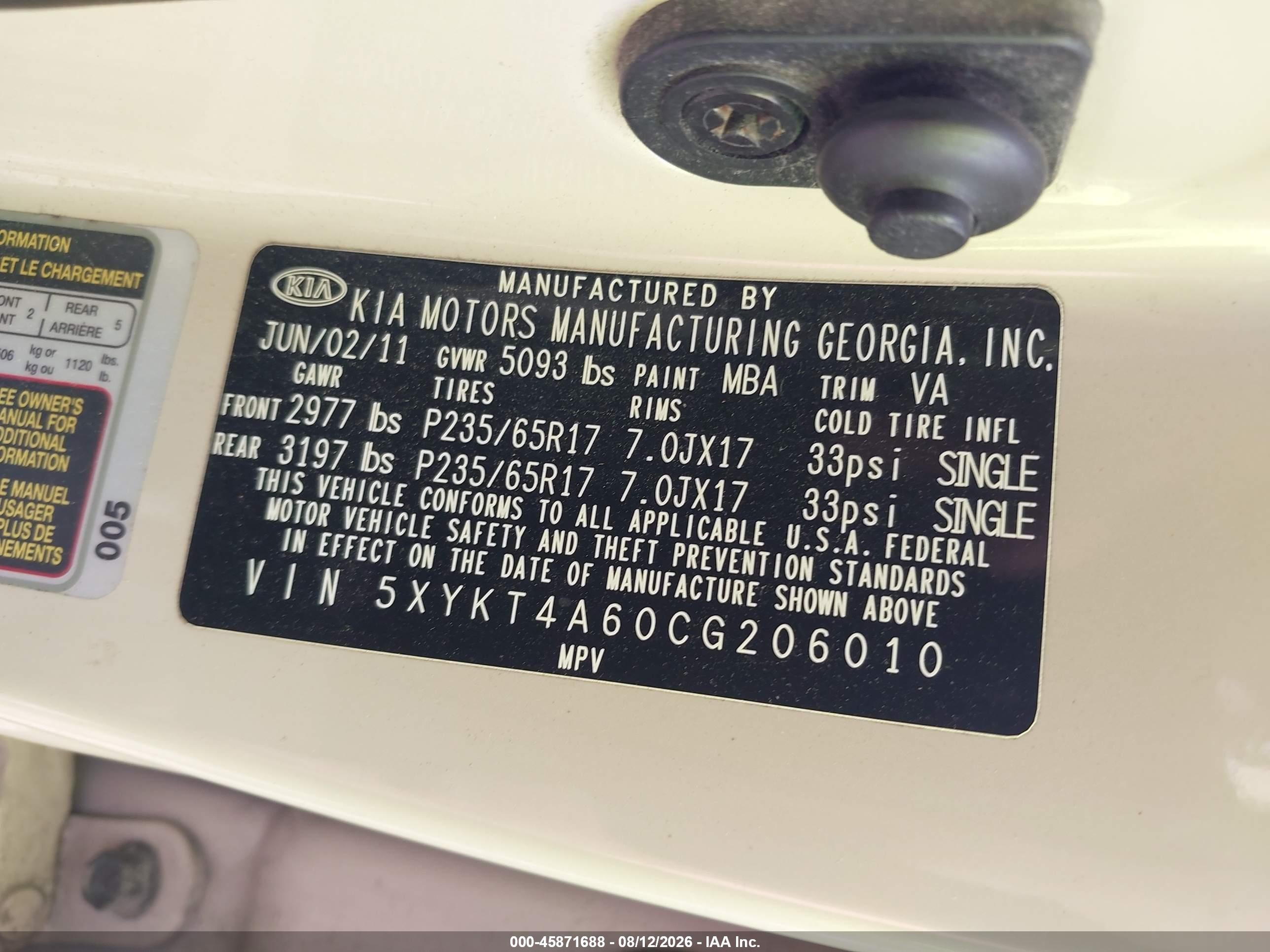 2012 Kia Sorento Lx White vin: 5XYKT4A60CG206010