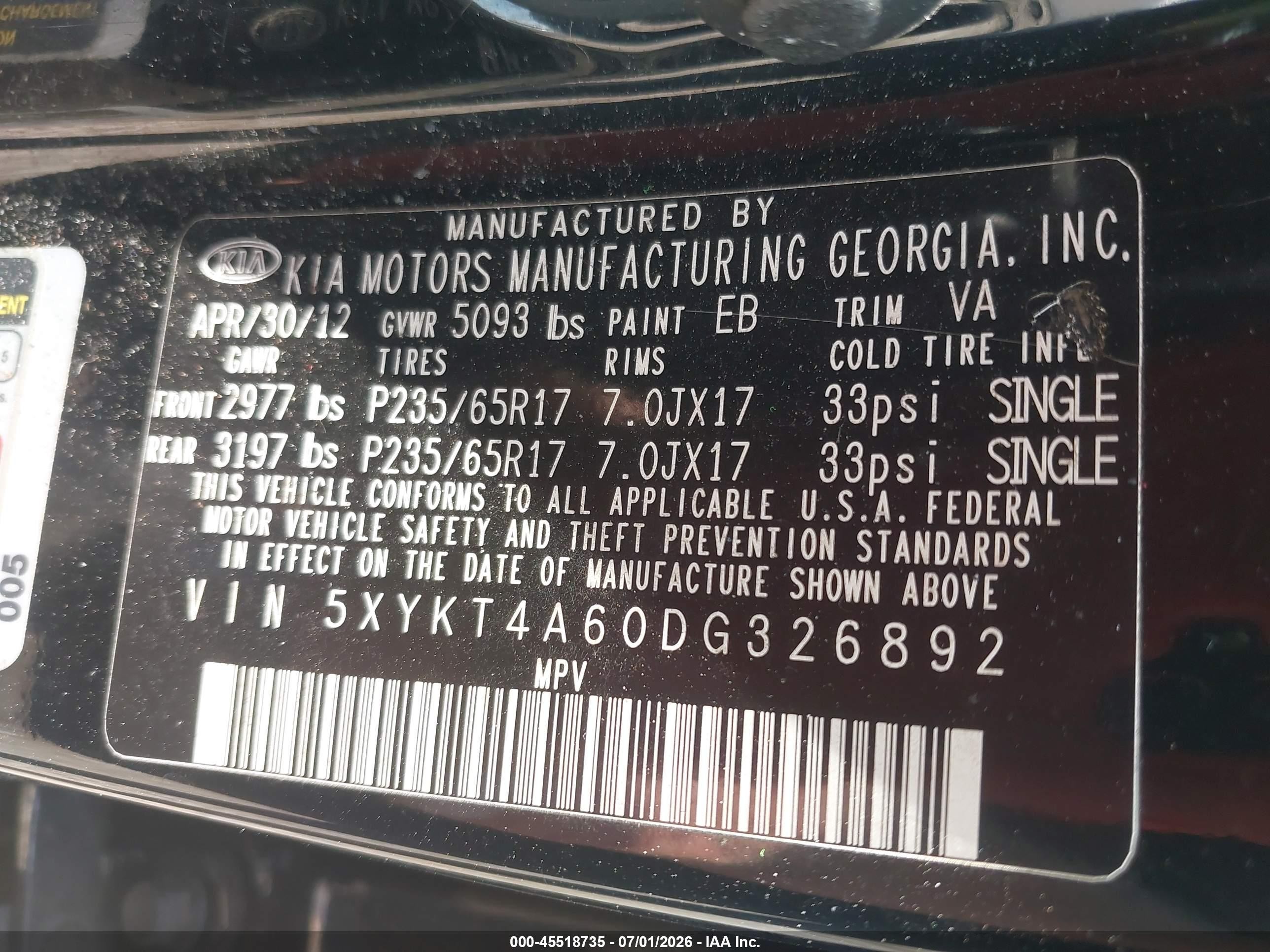 2013 Kia Sorento Lx Black vin: 5XYKT4A60DG326892