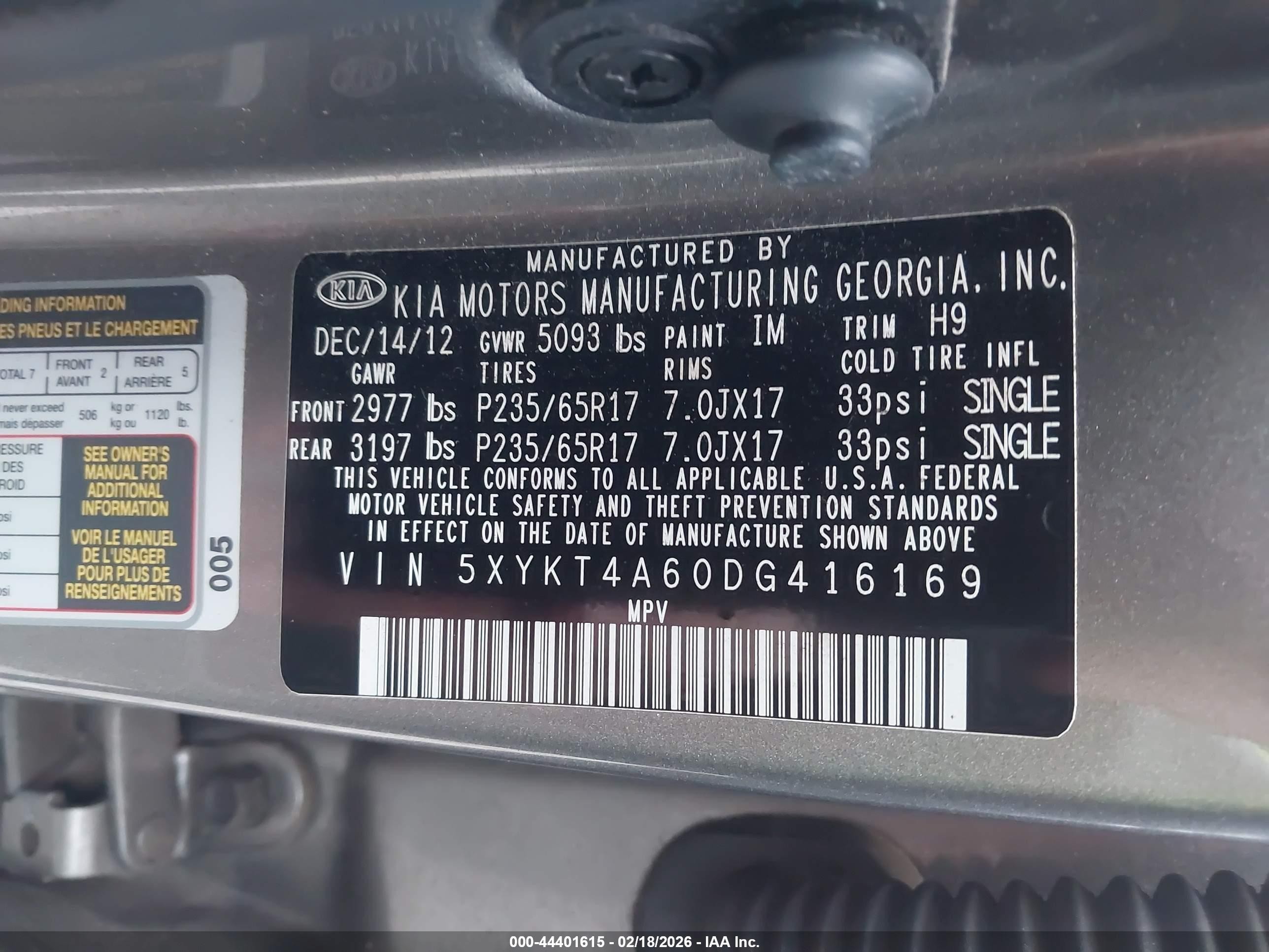 2013 Kia Sorento Lx Gray vin: 5XYKT4A60DG416169