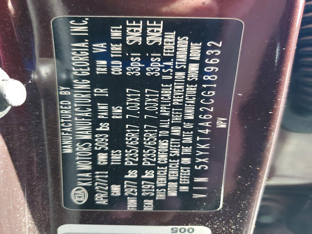 2012 Kia Sorento Lx Burgundy vin: 5XYKT4A62CG189632
