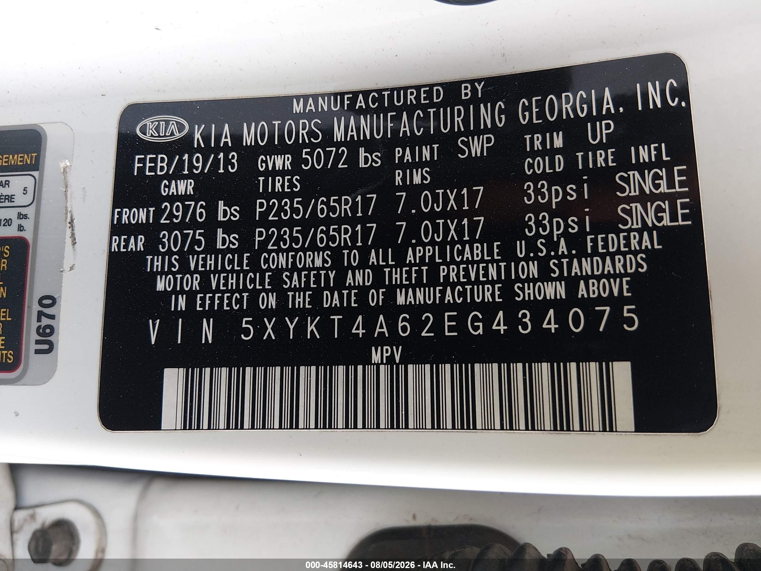 2014 Kia Sorento Lx White vin: 5XYKT4A62EG434075