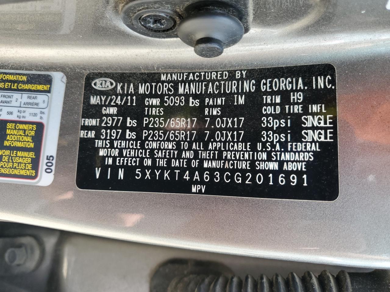 2012 Kia Sorento Gray vin: 5XYKT4A63CG201691