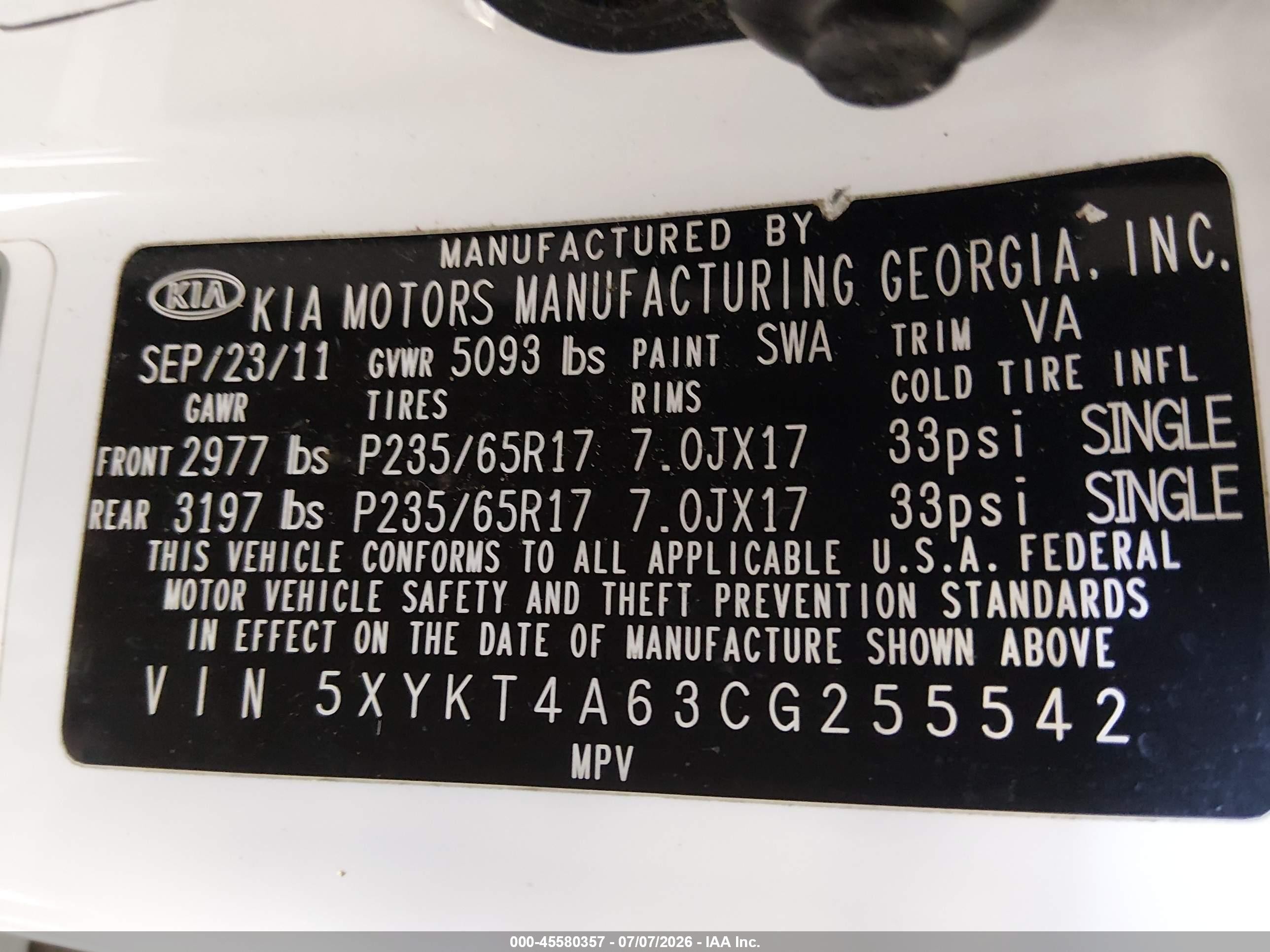2012 Kia Sorento Lx White vin: 5XYKT4A63CG255542