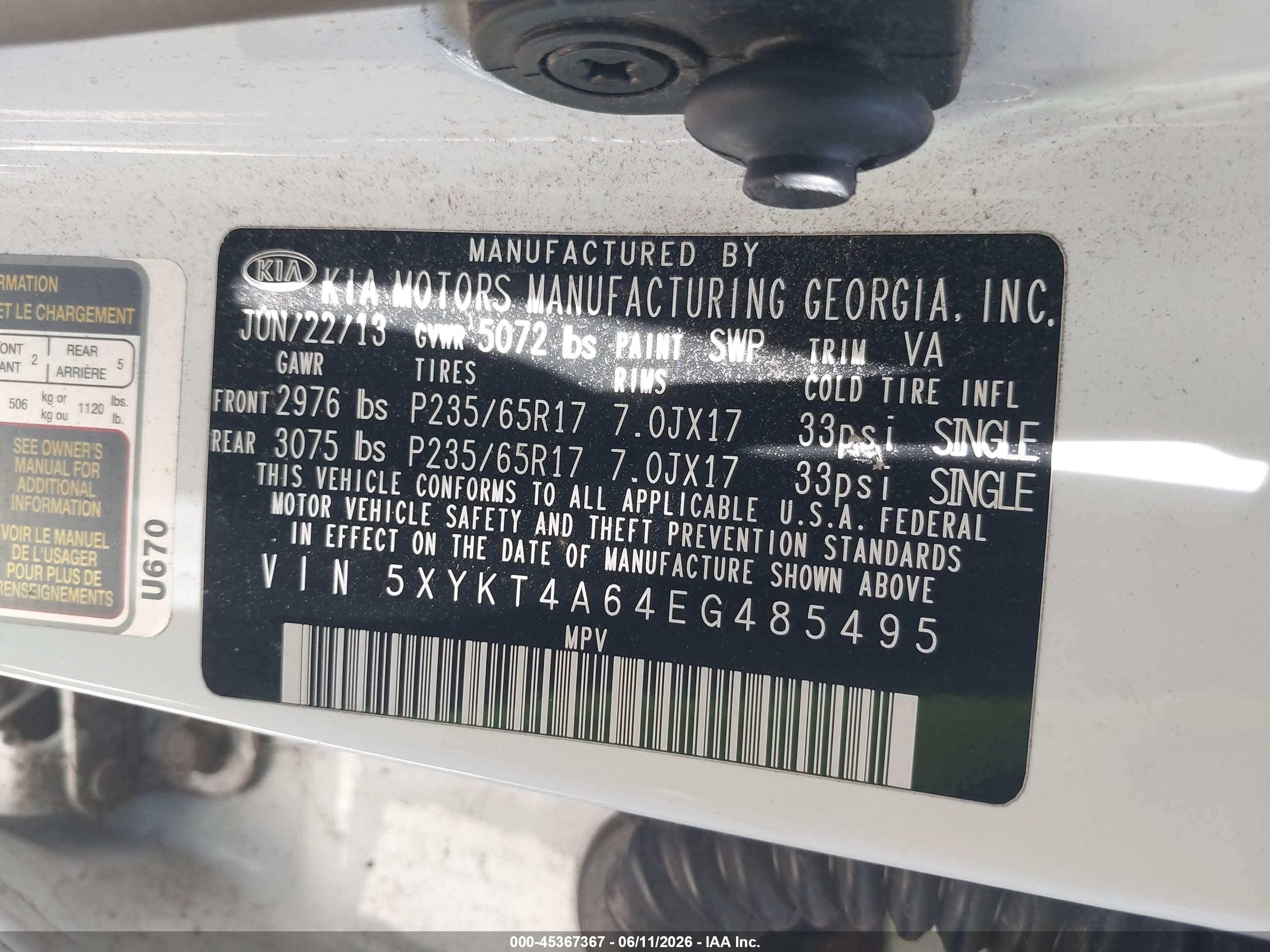 2014 Kia Sorento Lx White vin: 5XYKT4A64EG485495