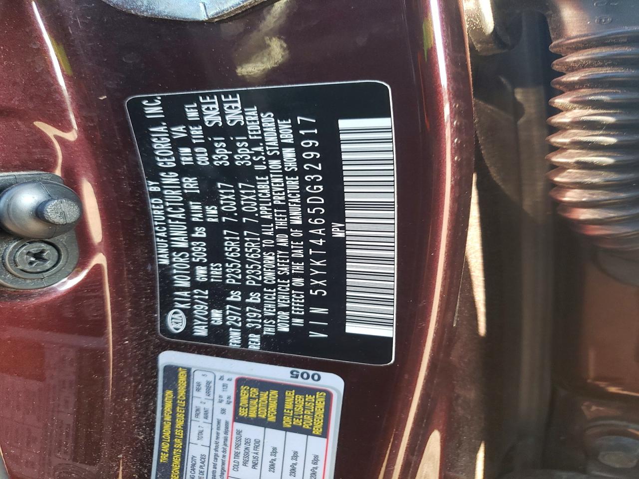 2013 Kia Sorento Lx Maroon vin: 5XYKT4A65DG329917