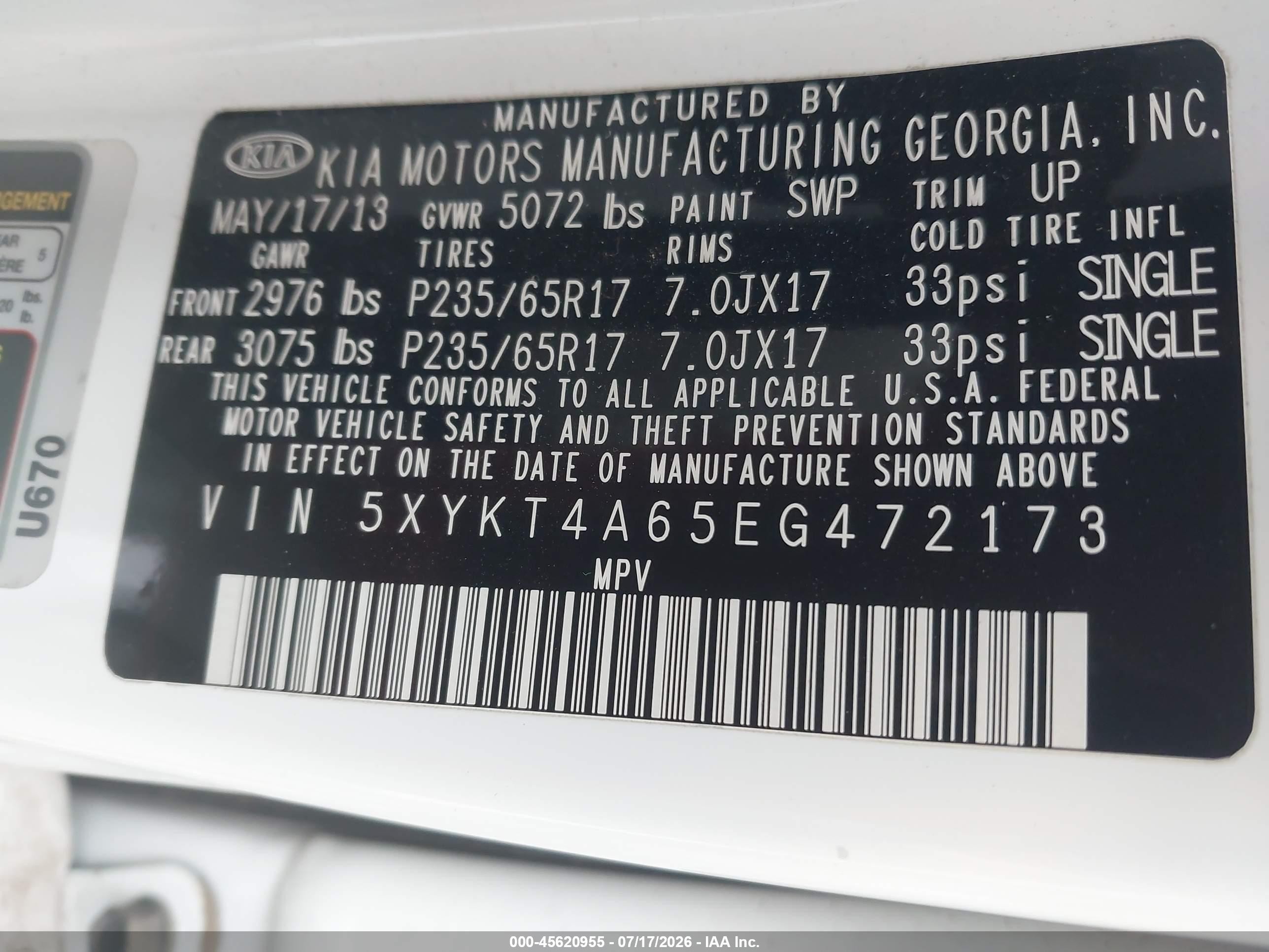 2014 Kia Sorento Lx White vin: 5XYKT4A65EG472173