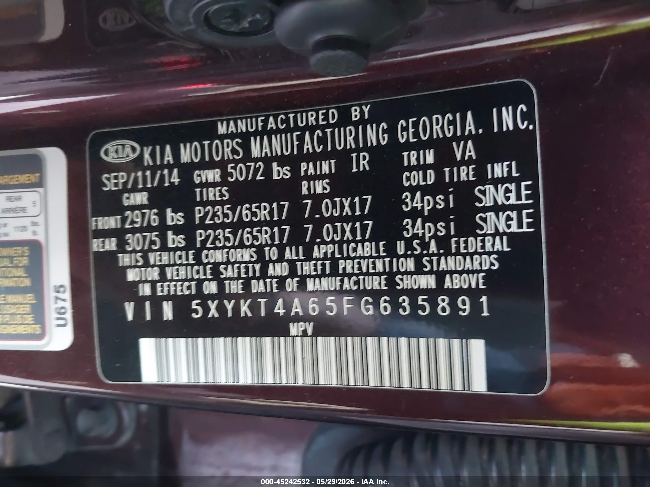 2015 Kia Sorento Lx Maroon vin: 5XYKT4A65FG635891