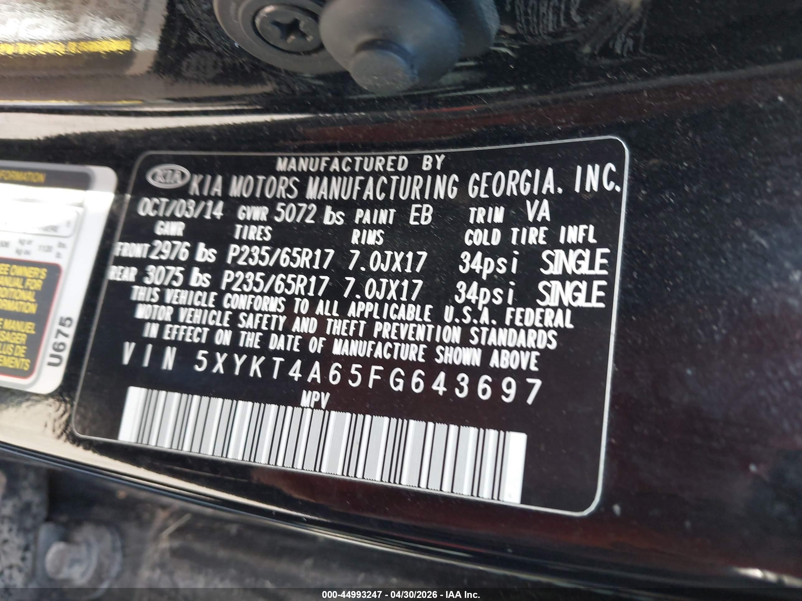 2015 Kia Sorento Lx Black vin: 5XYKT4A65FG643697