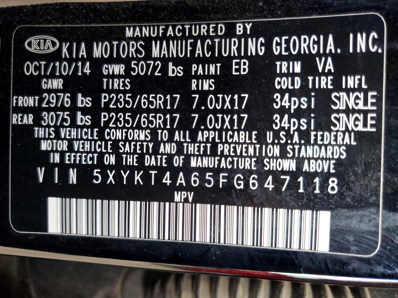2015 Kia Sorento Lx Black vin: 5XYKT4A65FG647118