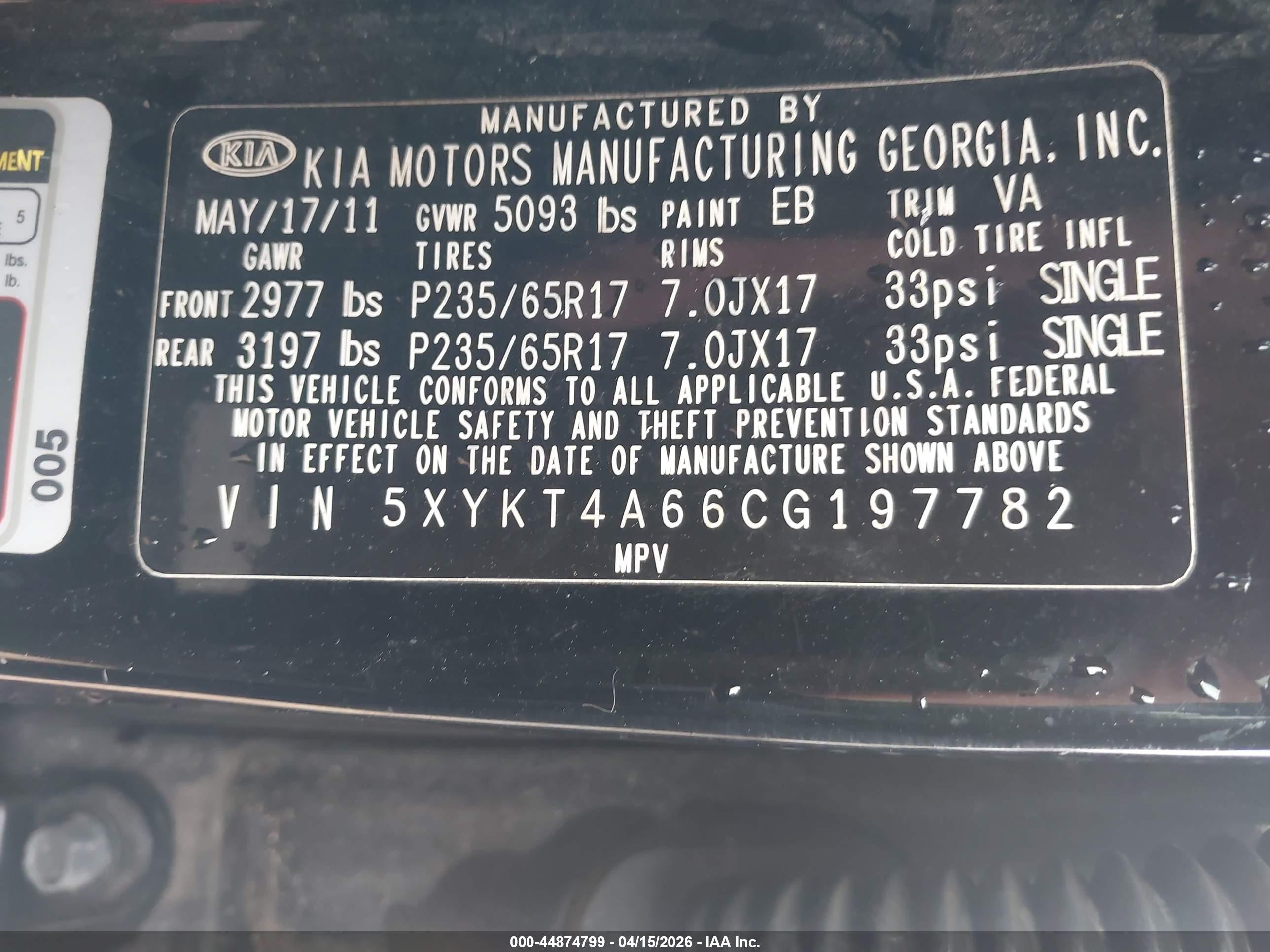 2012 Kia Sorento Lx Black vin: 5XYKT4A66CG197782