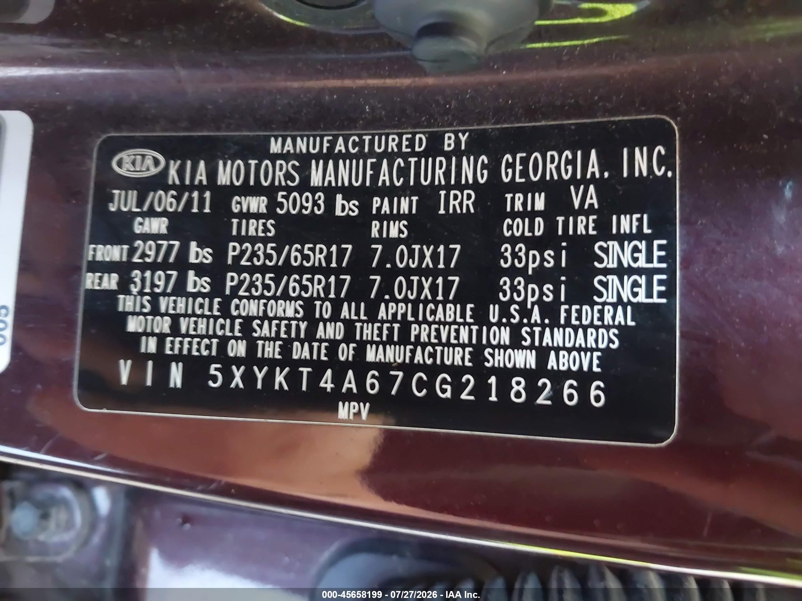 2012 Kia Sorento Lx Burgundy vin: 5XYKT4A67CG218266