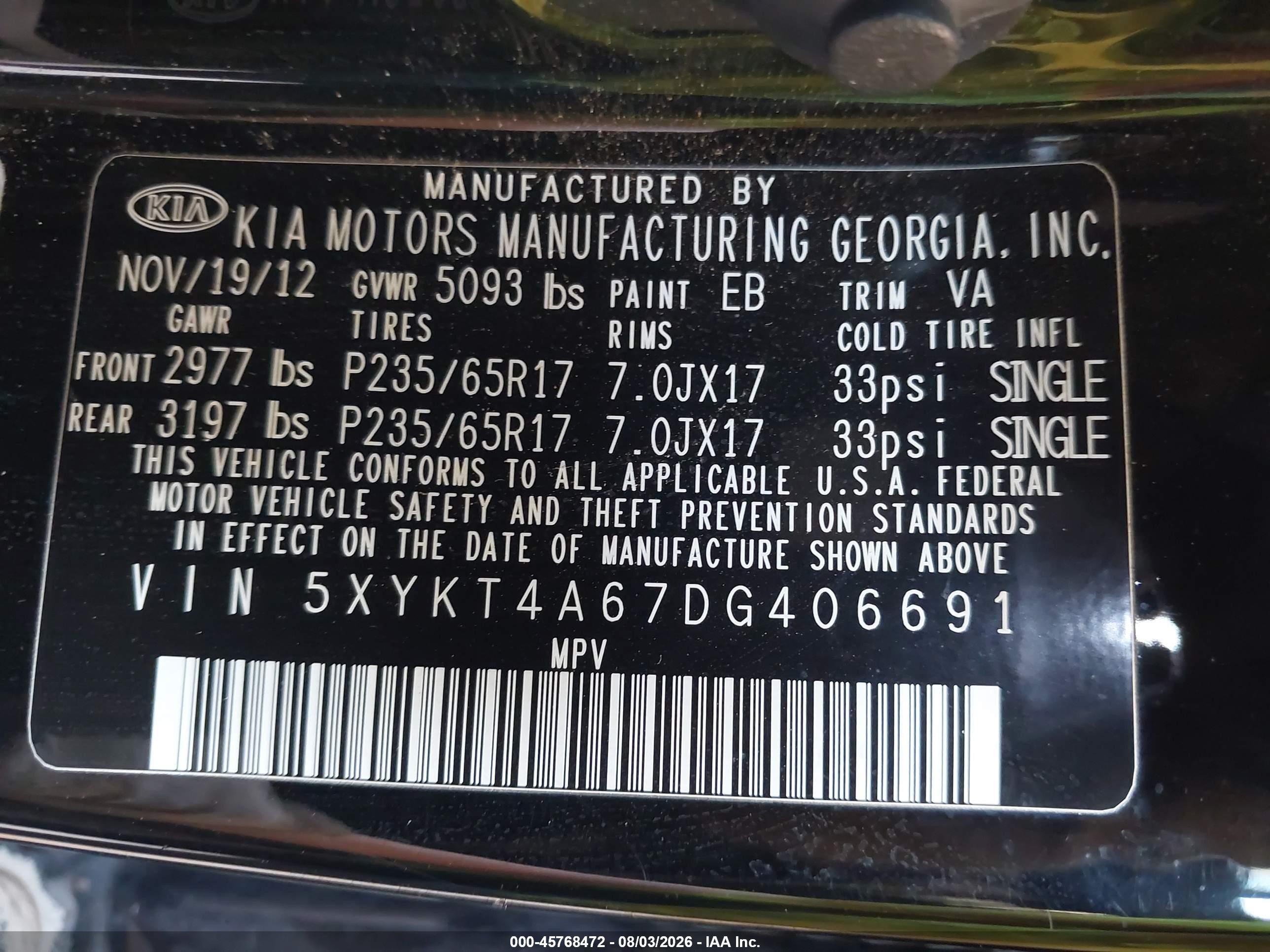2013 Kia Sorento Lx Черный vin: 5XYKT4A67DG406691