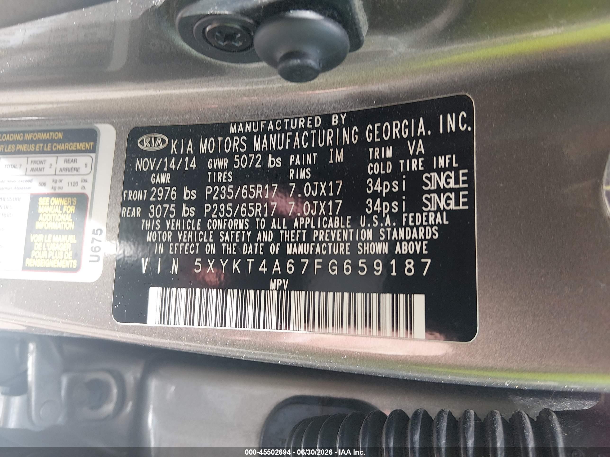 2015 Kia Sorento Lx Серебряный vin: 5XYKT4A67FG659187