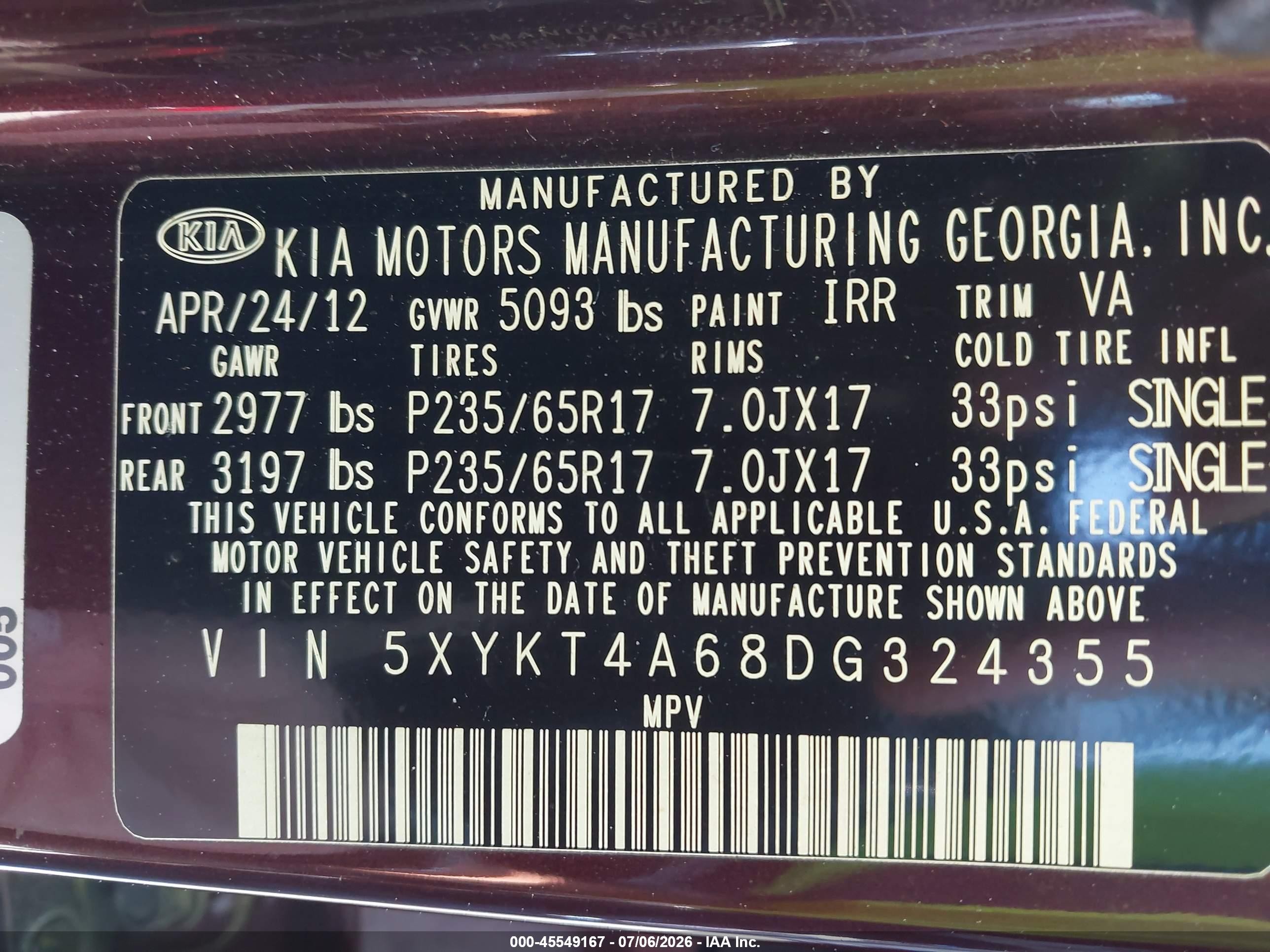 2013 Kia Sorento Lx Burgundy vin: 5XYKT4A68DG324355