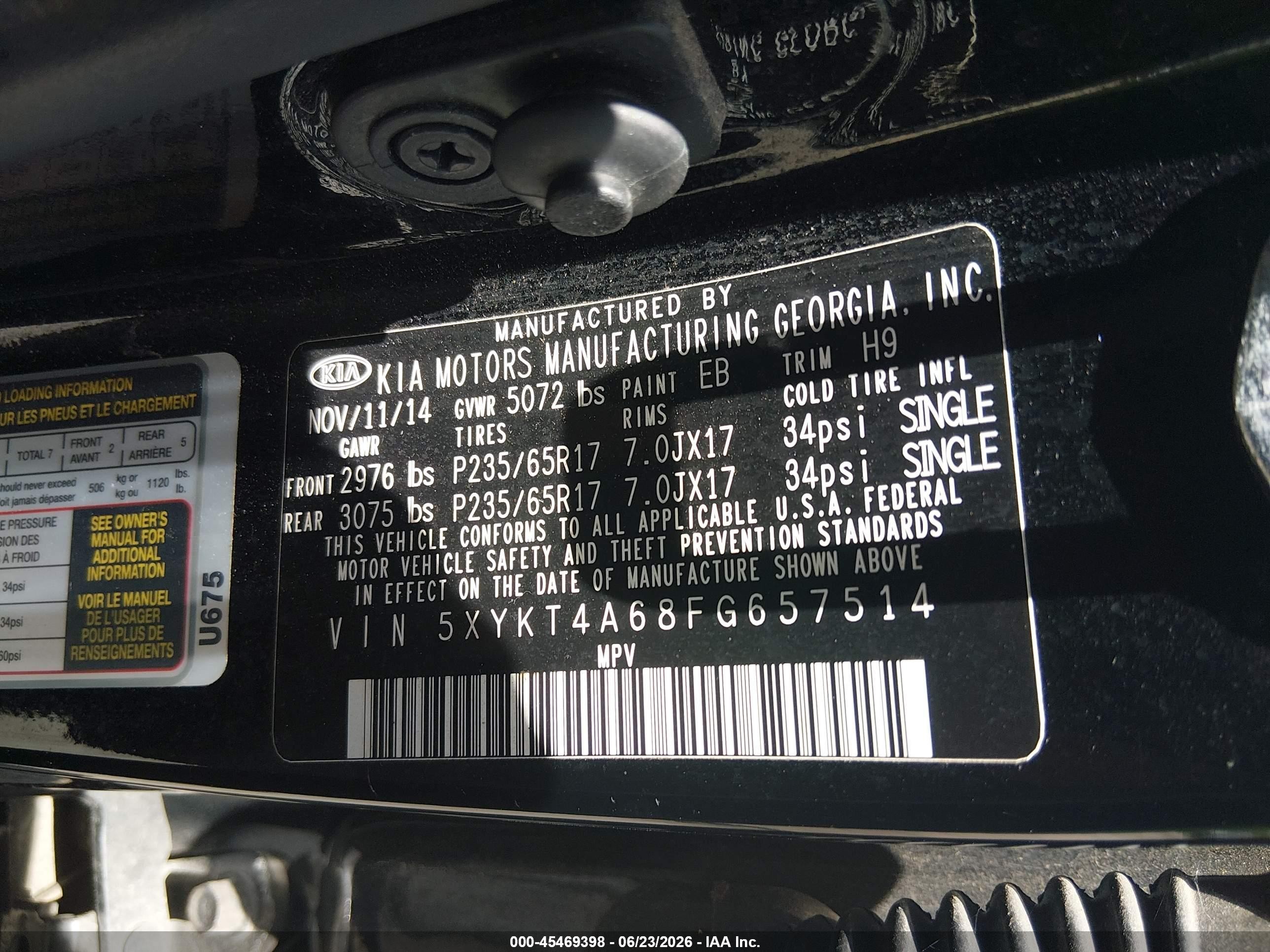 2015 Kia Sorento Lx Black vin: 5XYKT4A68FG657514