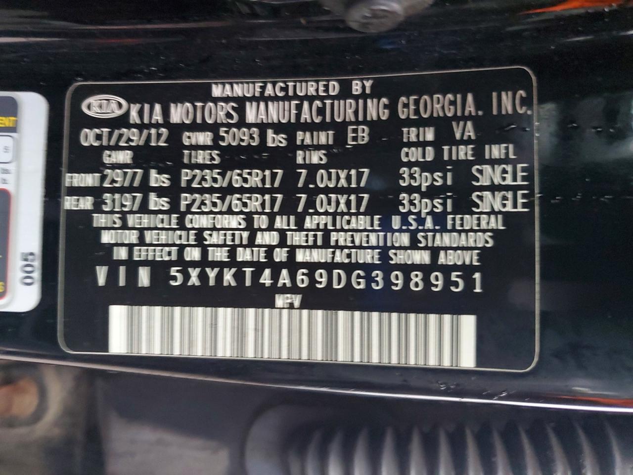 2013 Kia Sorento Lx Черный vin: 5XYKT4A69DG398951