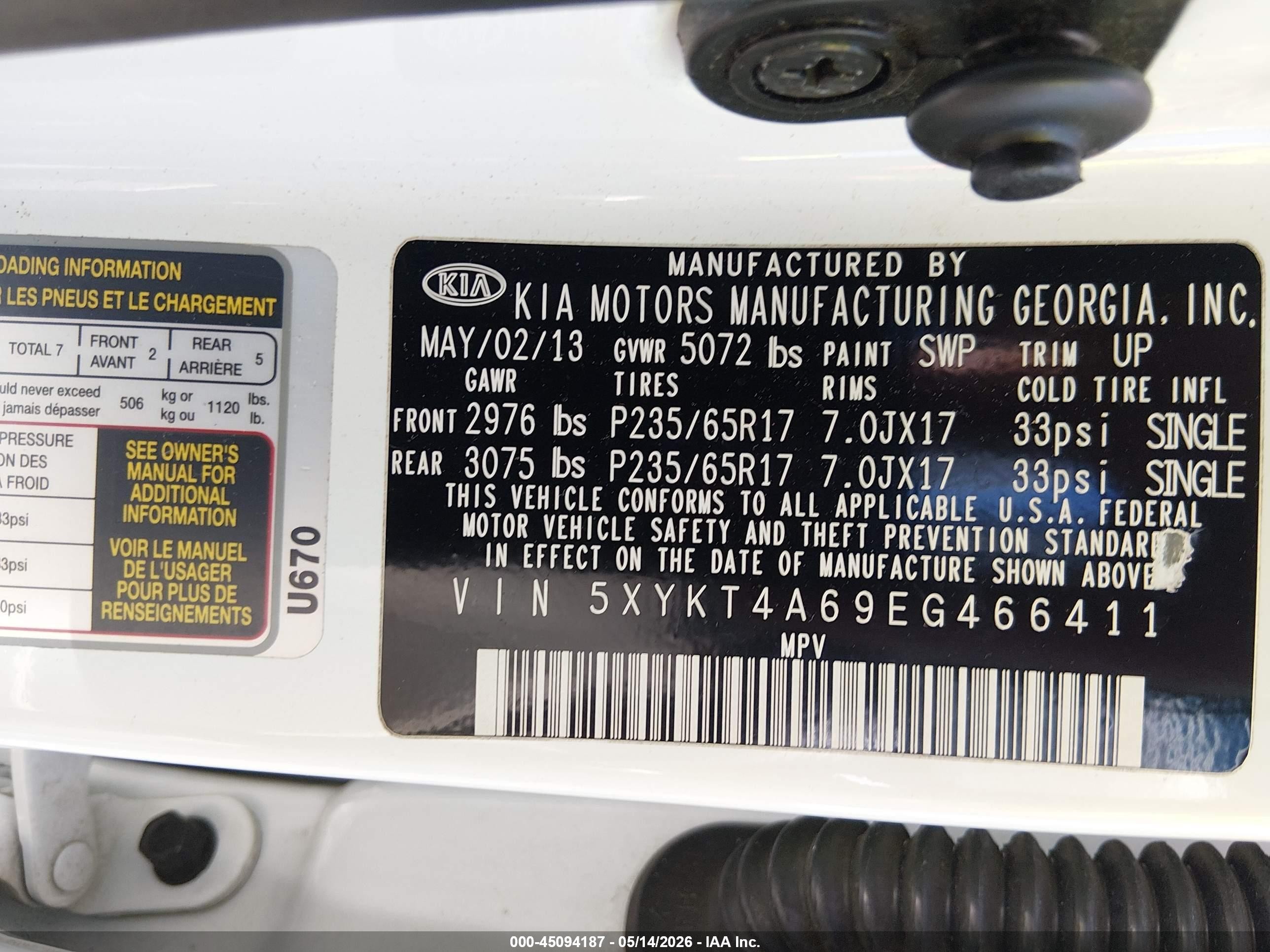 2014 Kia Sorento Lx Белый vin: 5XYKT4A69EG466411