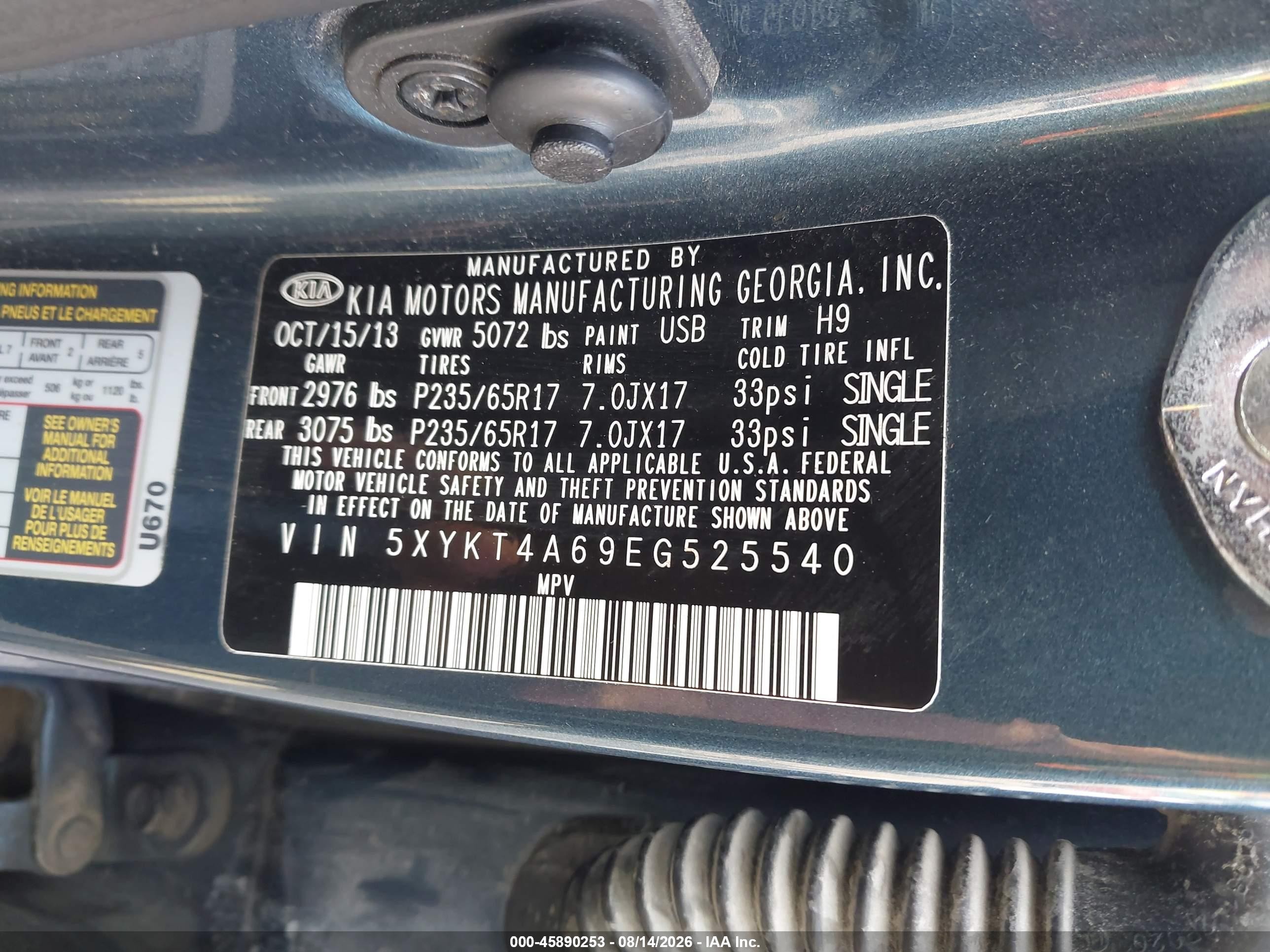 2014 Kia Sorento Lx Blue vin: 5XYKT4A69EG525540