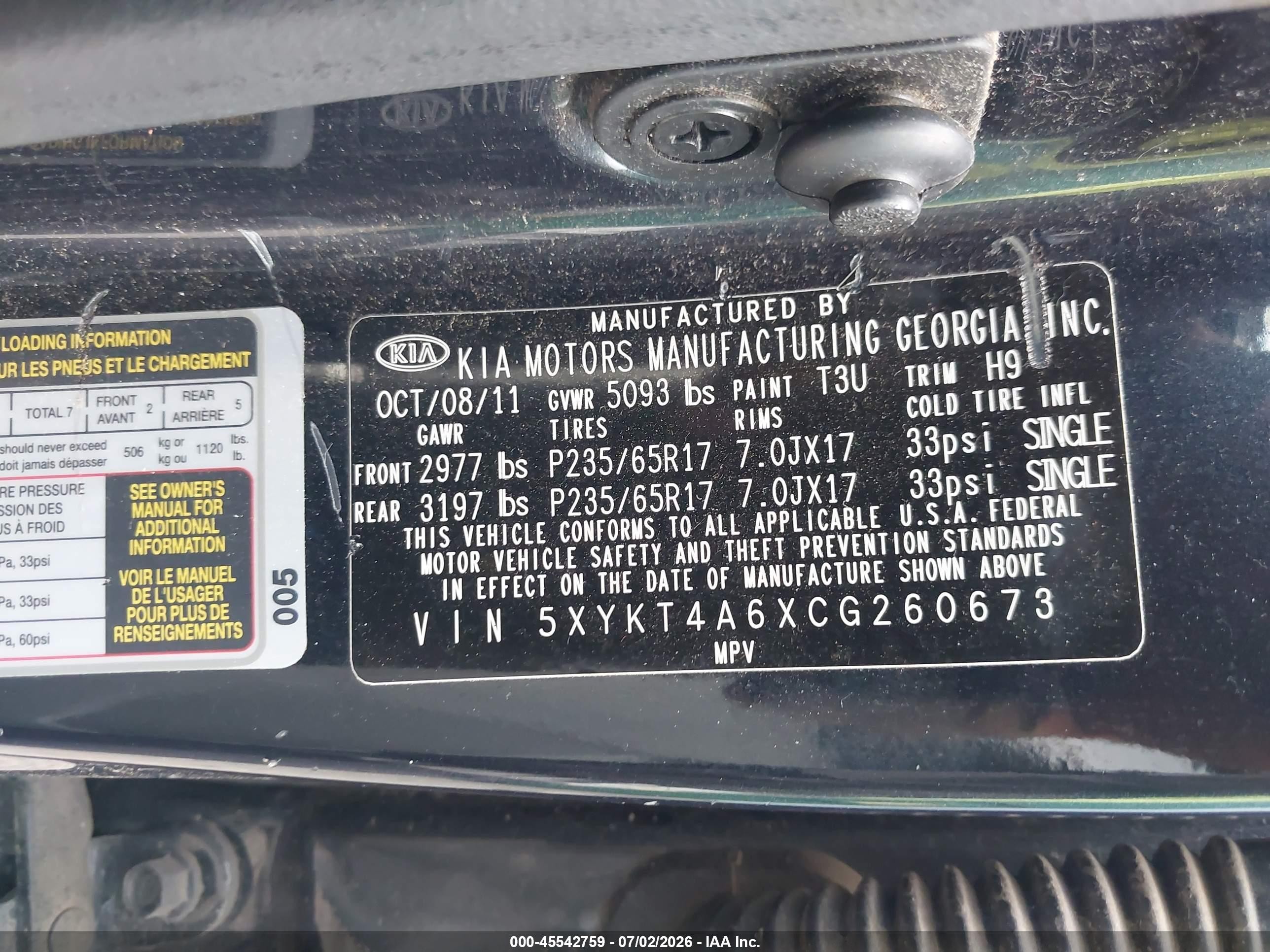 2012 Kia Sorento Lx Black vin: 5XYKT4A6XCG260673