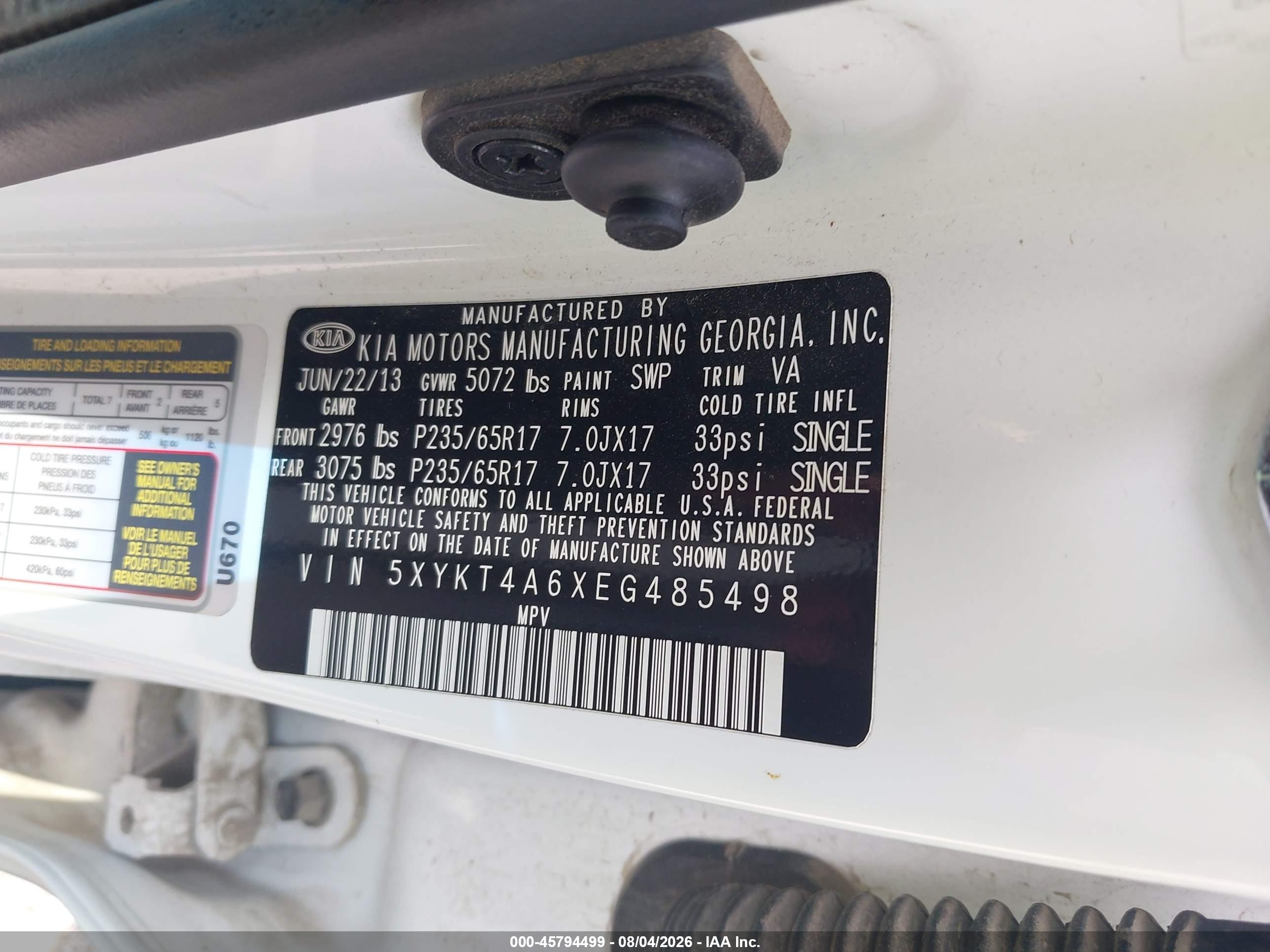 2014 Kia Sorento Lx White vin: 5XYKT4A6XEG485498