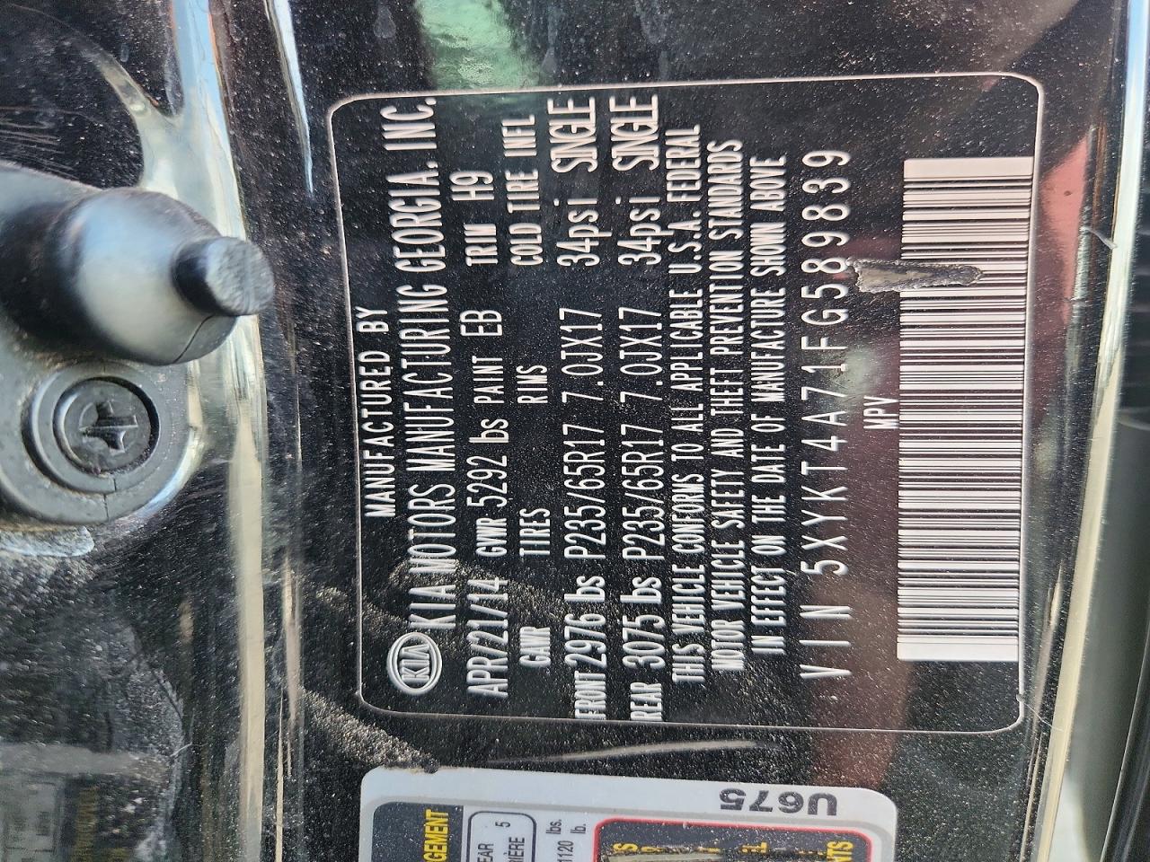 2015 Kia Sorento Lx Black vin: 5XYKT4A71FG589839