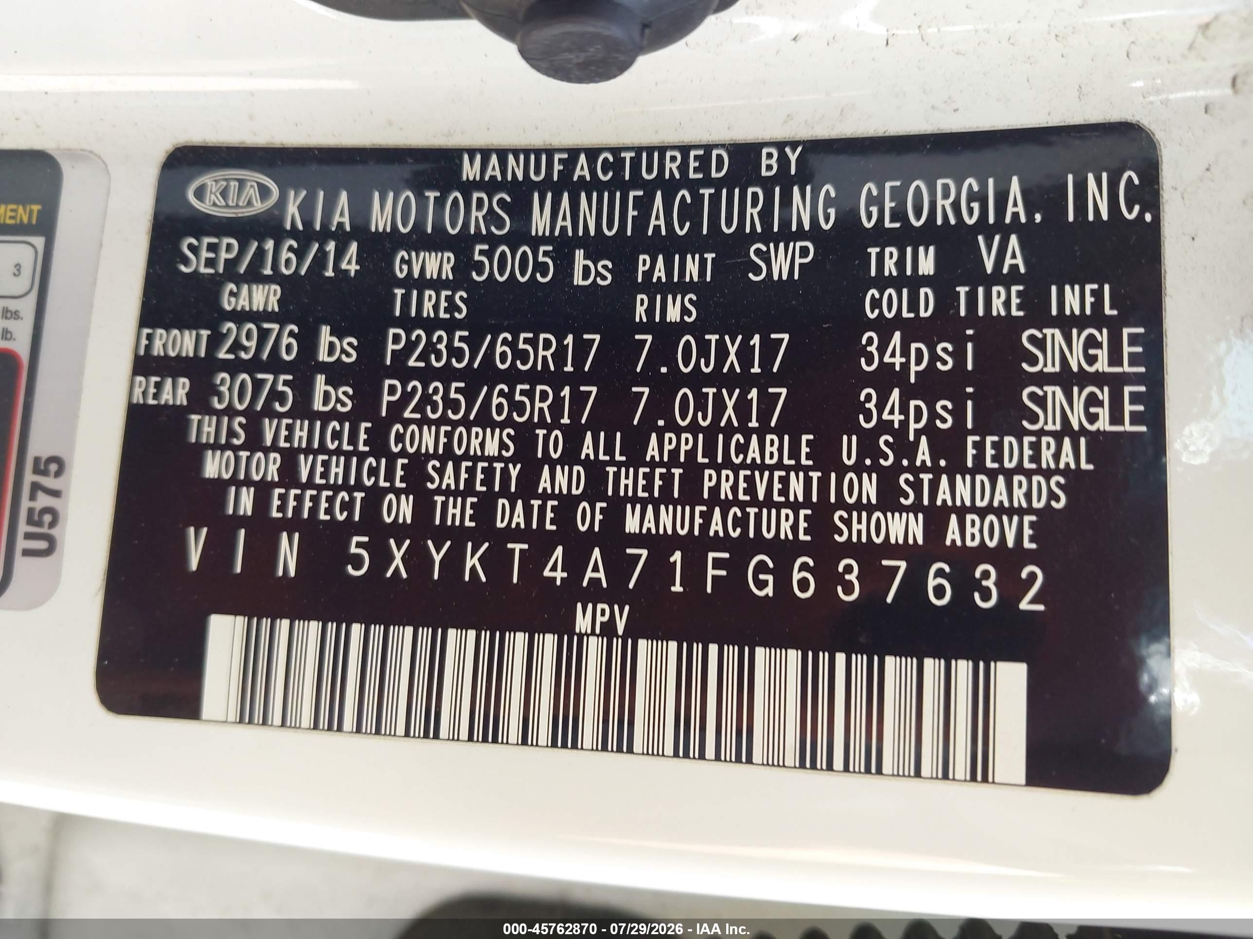 2015 Kia Sorento Lx V6 White vin: 5XYKT4A71FG637632