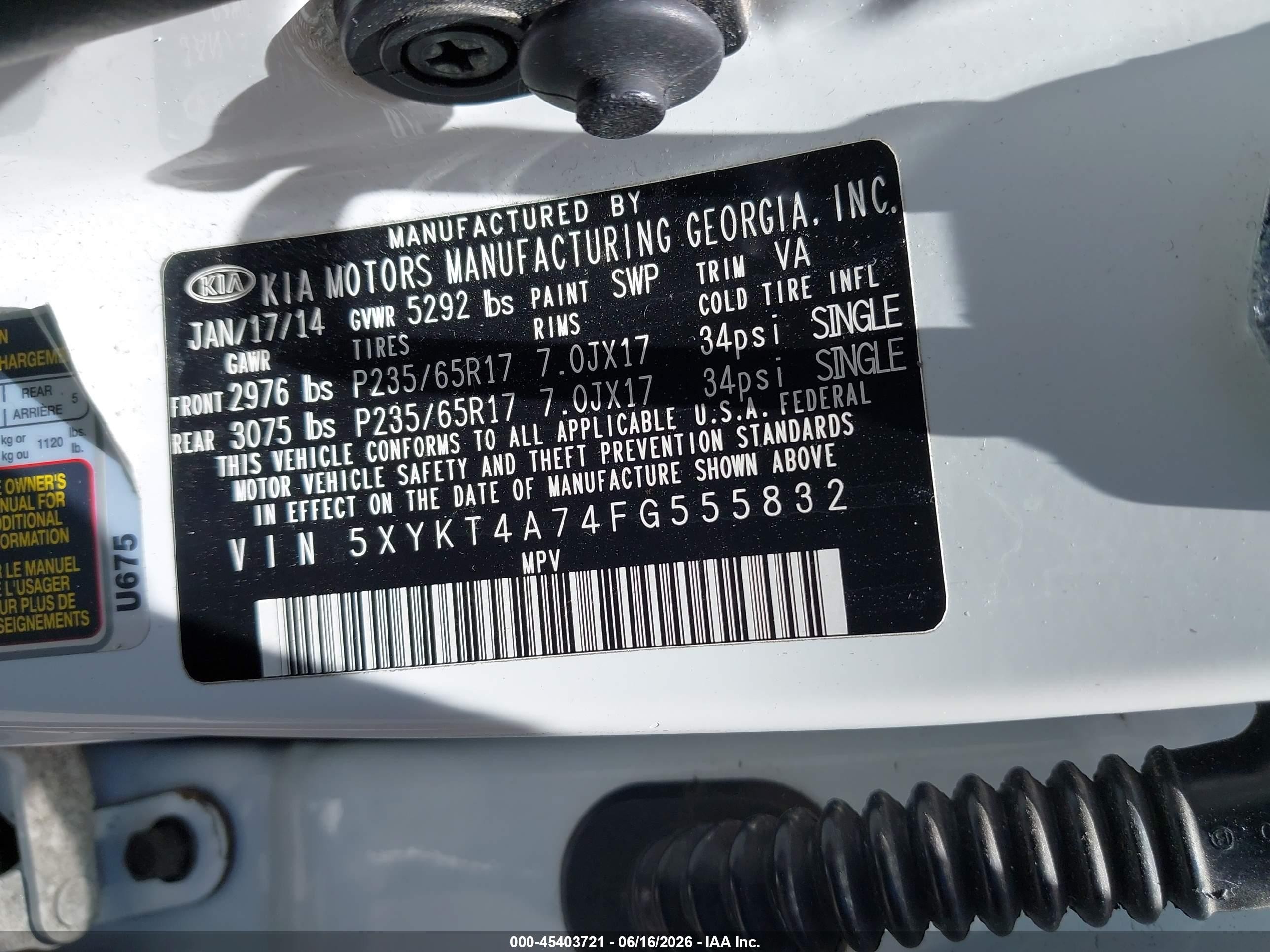 2015 Kia Sorento Lx V6 White vin: 5XYKT4A74FG555832