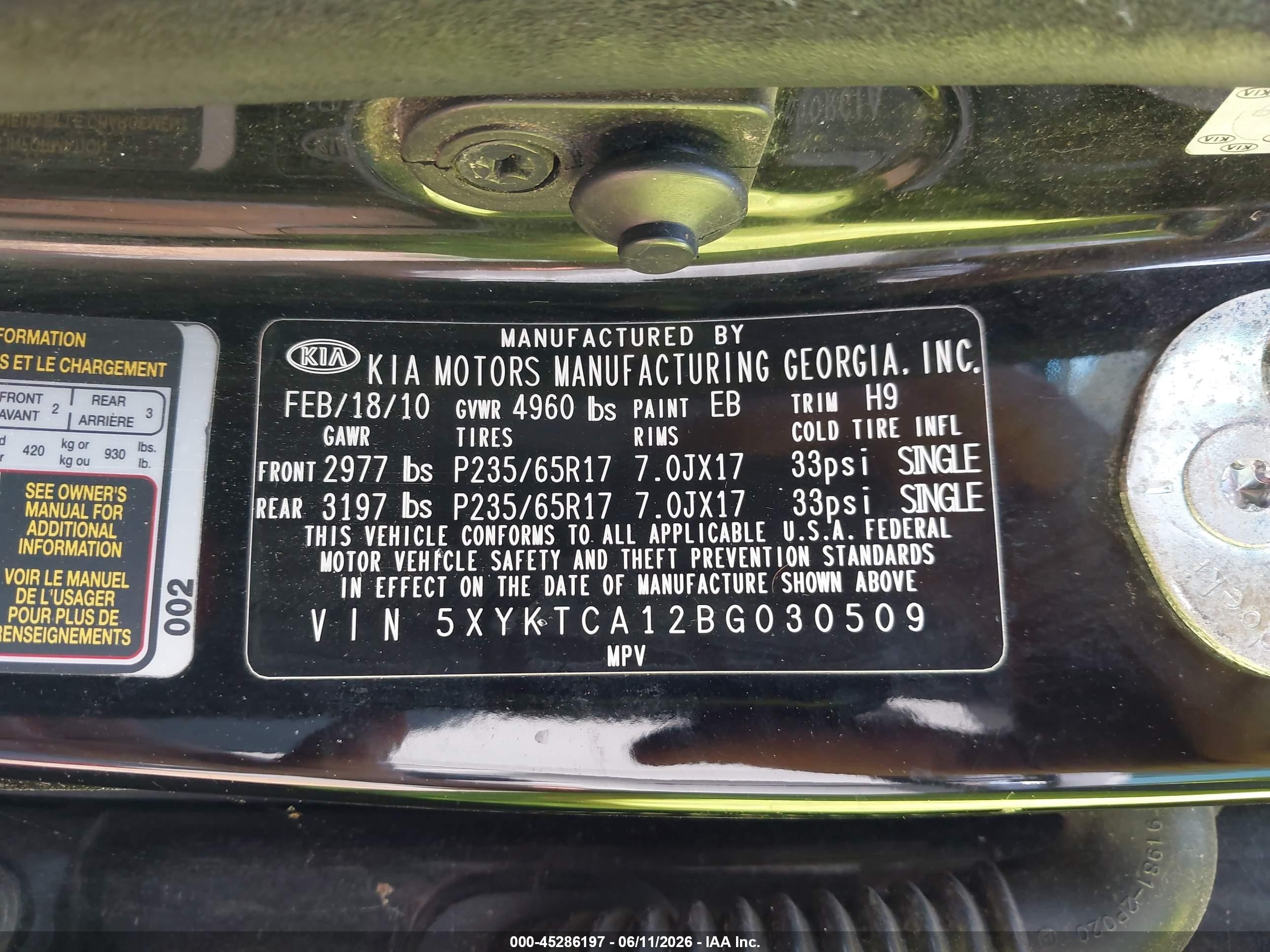 2011 Kia Sorento Lx Black vin: 5XYKTCA12BG030509