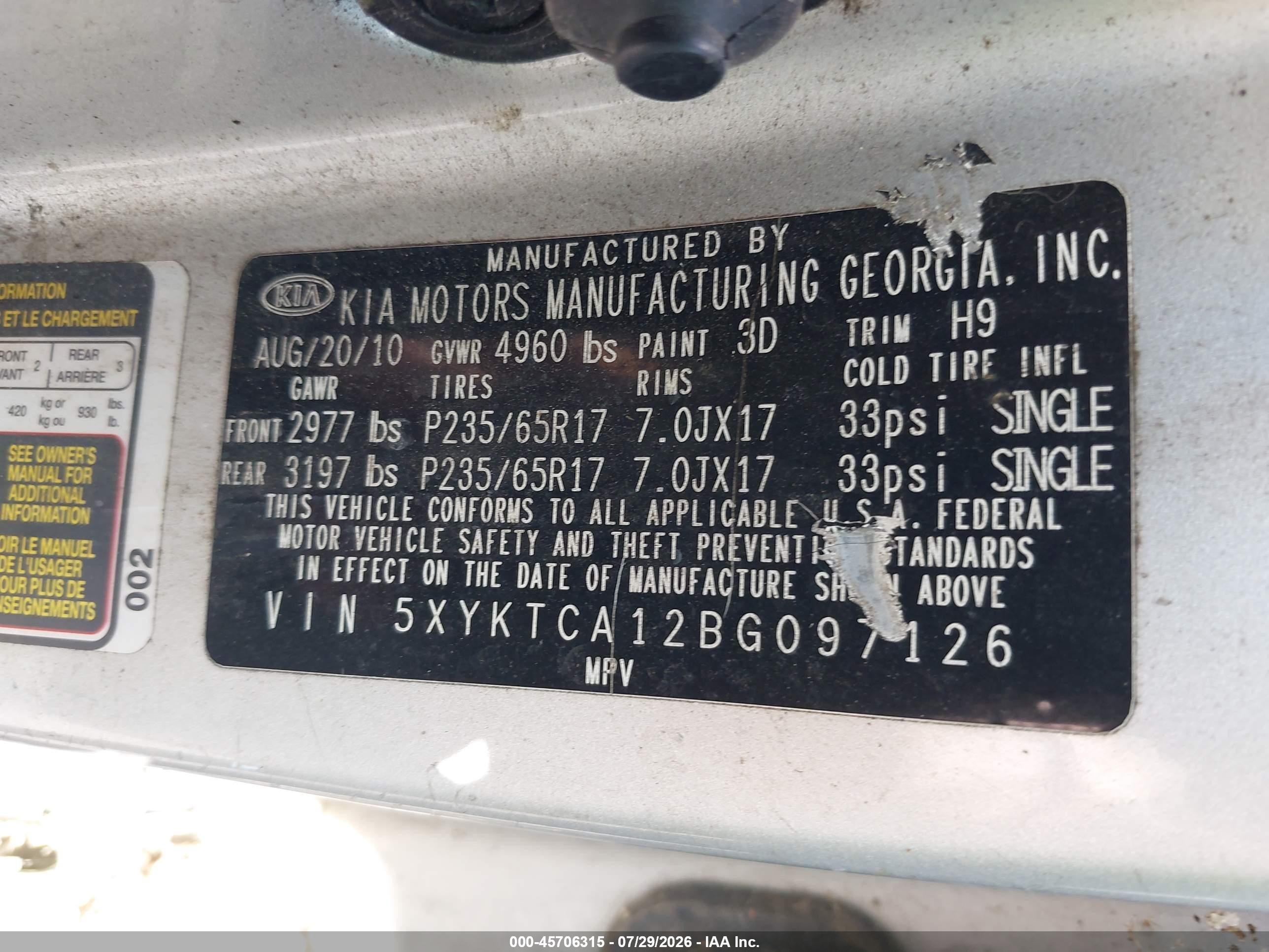 2011 Kia Sorento Lx Silver vin: 5XYKTCA12BG097126