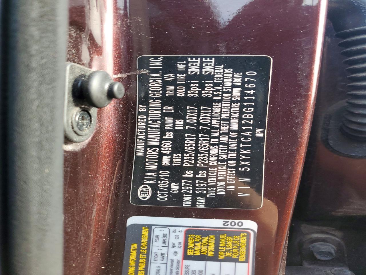 2011 Kia Sorento Lx Burgundy vin: 5XYKTCA12BG114670
