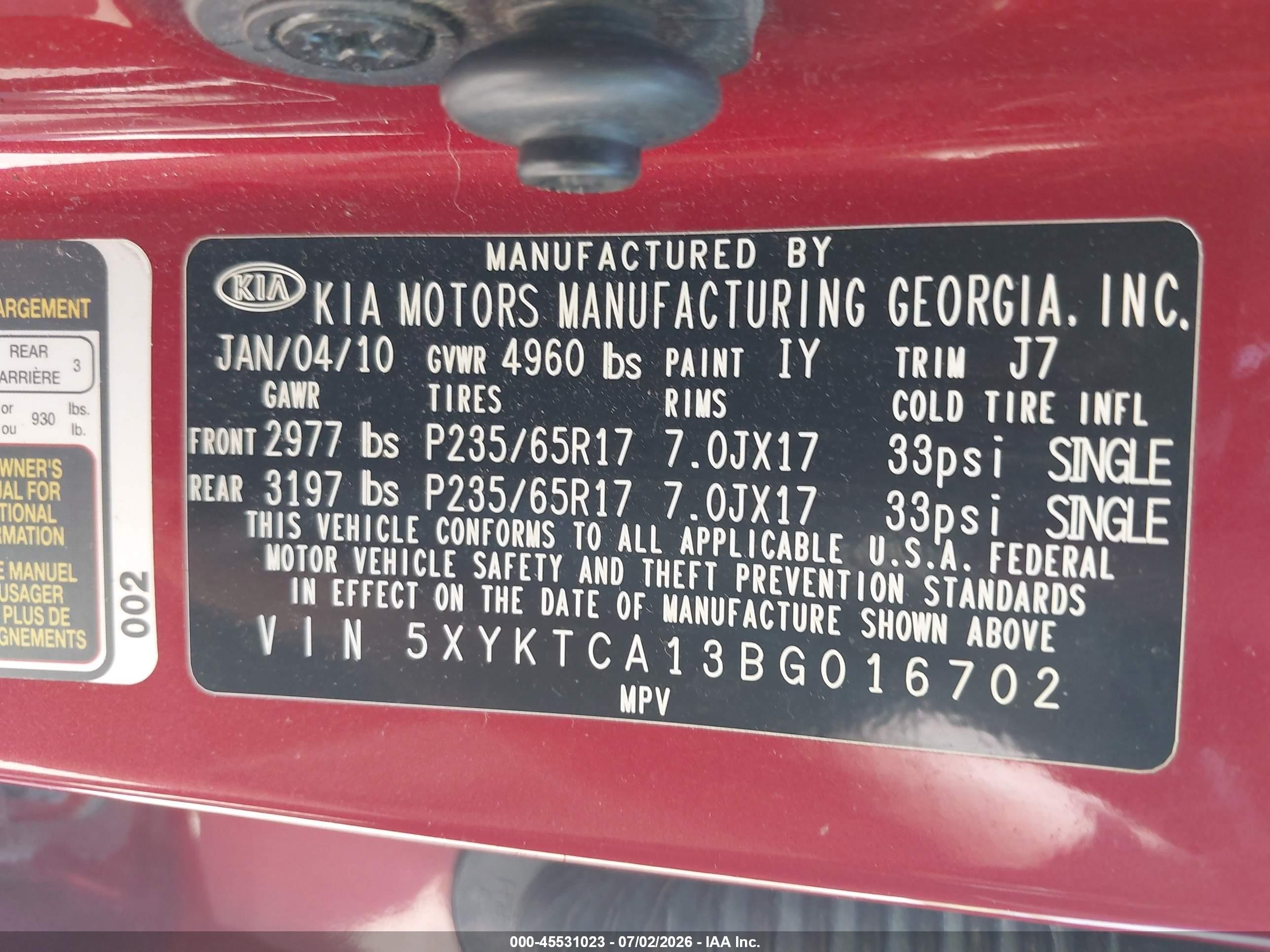 2011 Kia Sorento Lx Красный vin: 5XYKTCA13BG016702