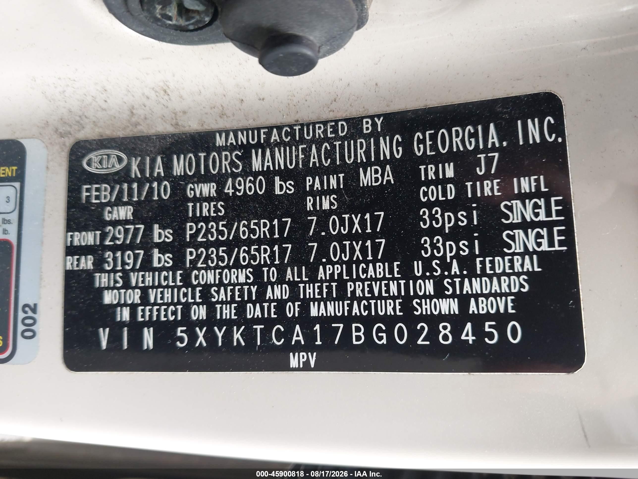 2011 Kia Sorento Lx White vin: 5XYKTCA17BG028450
