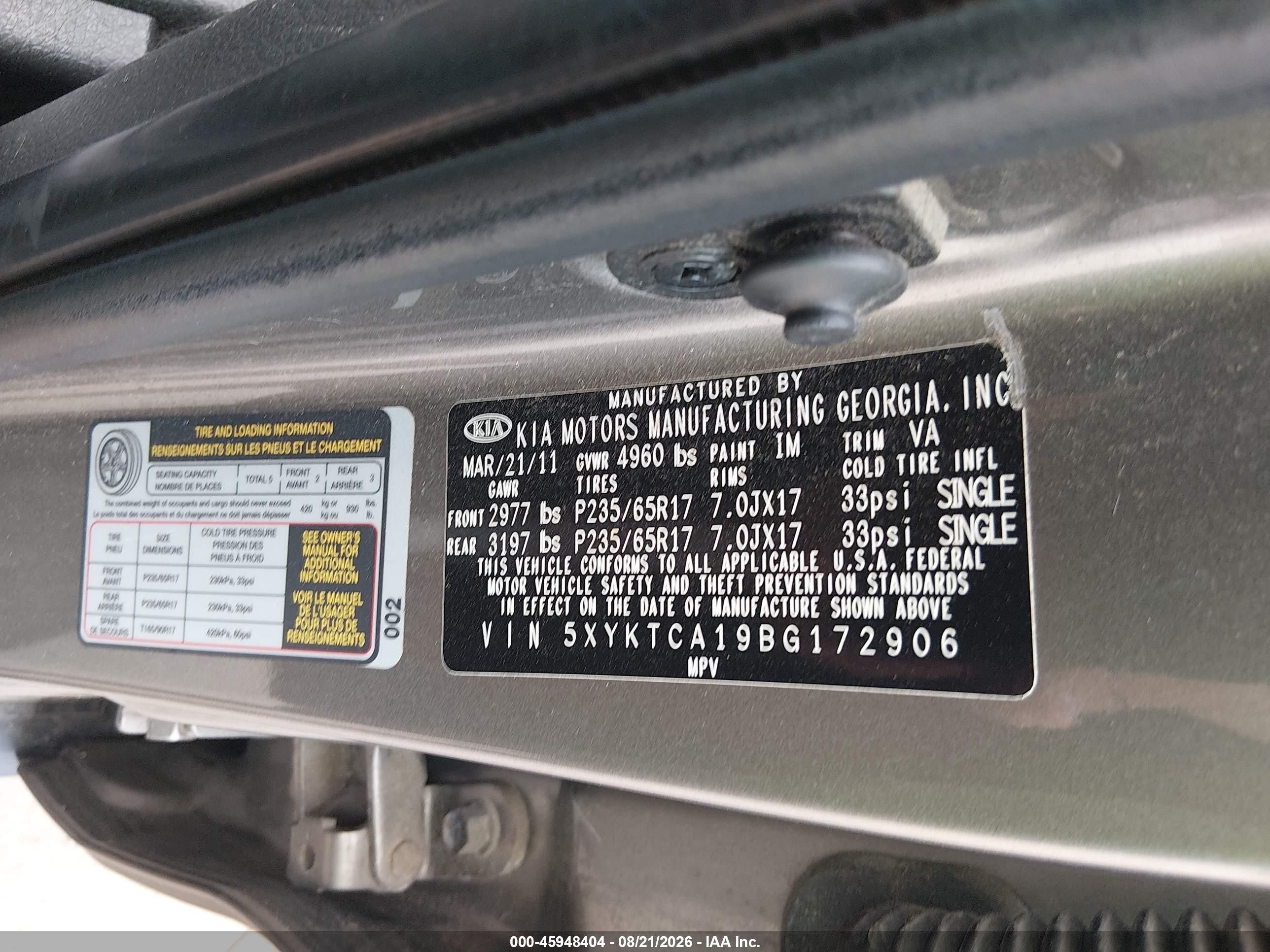 2011 Kia Sorento Lx Gray vin: 5XYKTCA19BG172906