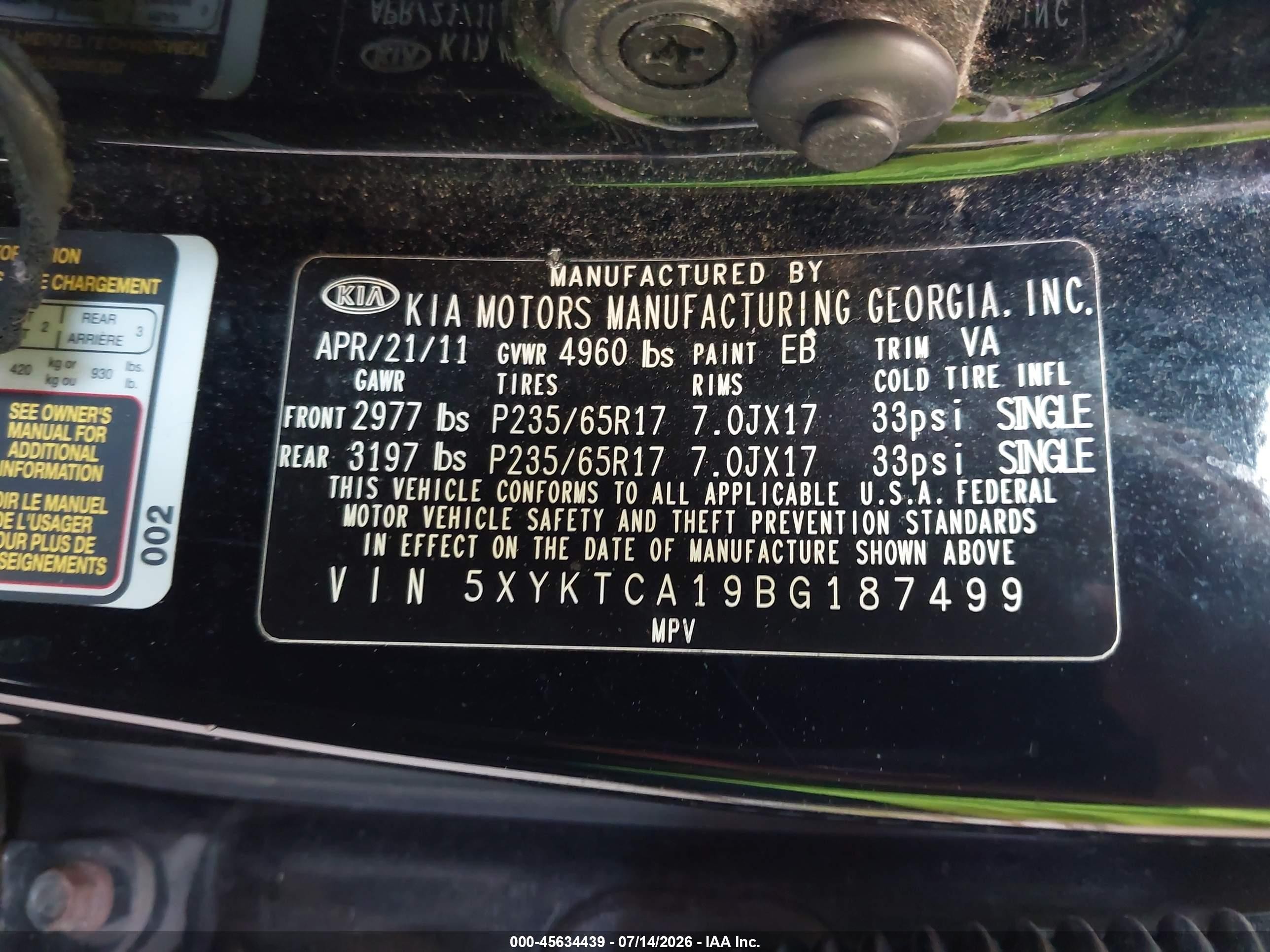 2011 Kia Sorento Lx Black vin: 5XYKTCA19BG187499