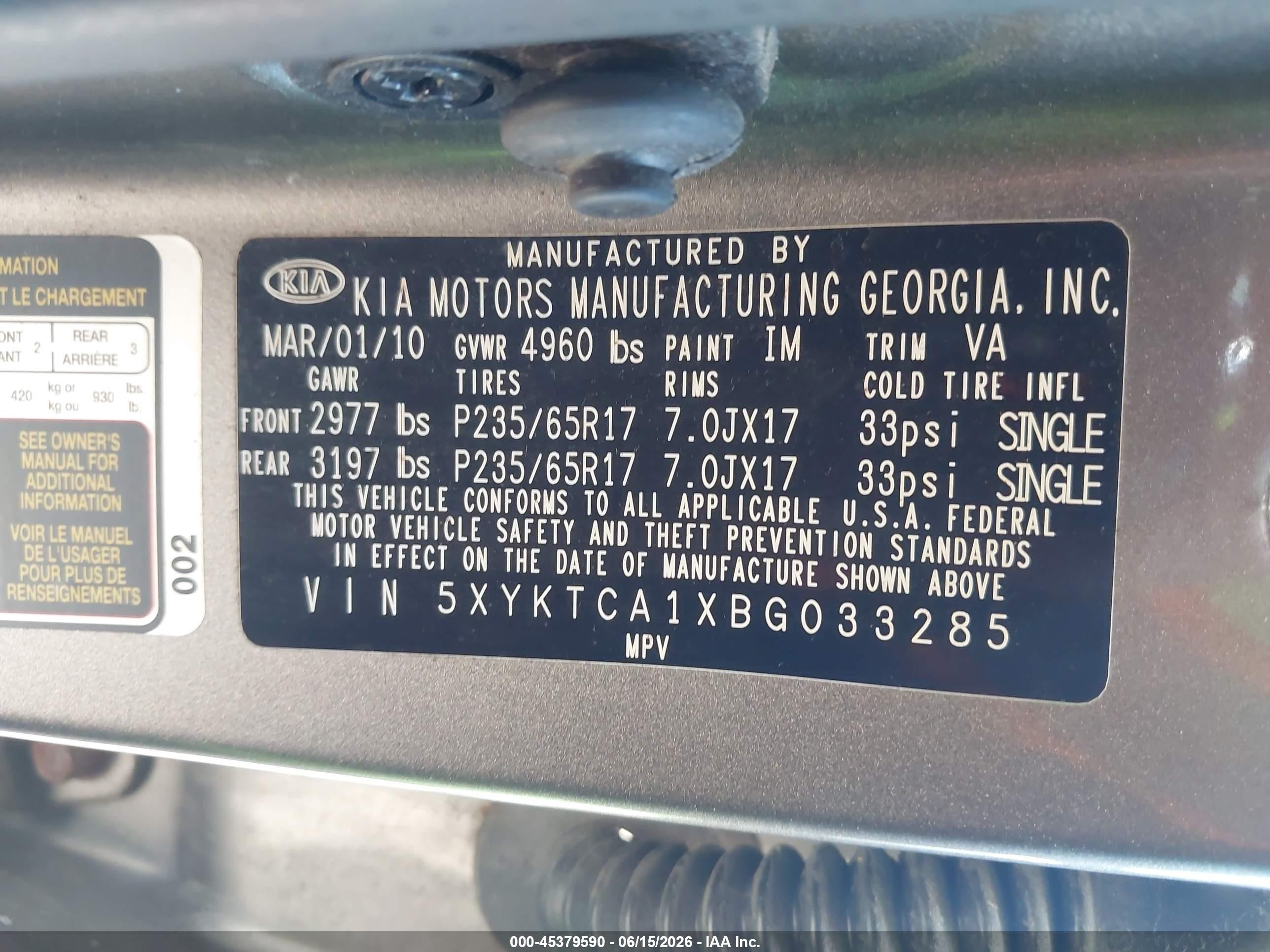 2011 Kia Sorento Lx Серый vin: 5XYKTCA1XBG033285