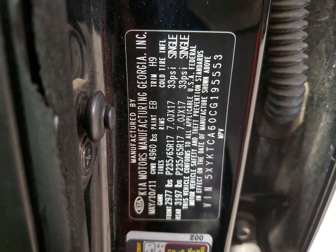 2012 Kia Sorento Lx Черный vin: 5XYKTCA60CG195553