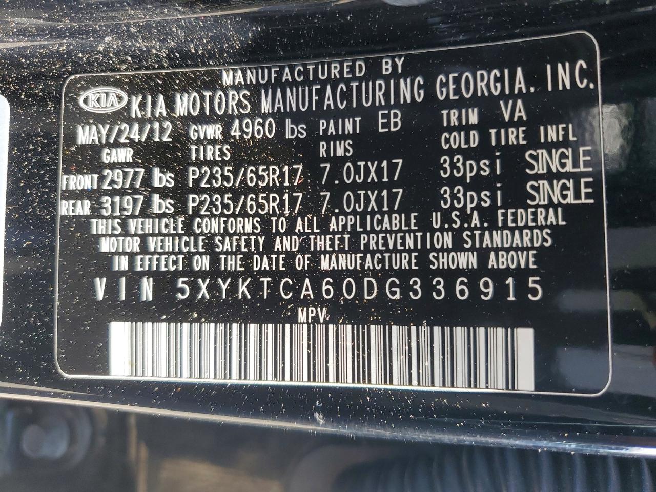 2013 Kia Sorento Lx Black vin: 5XYKTCA60DG336915