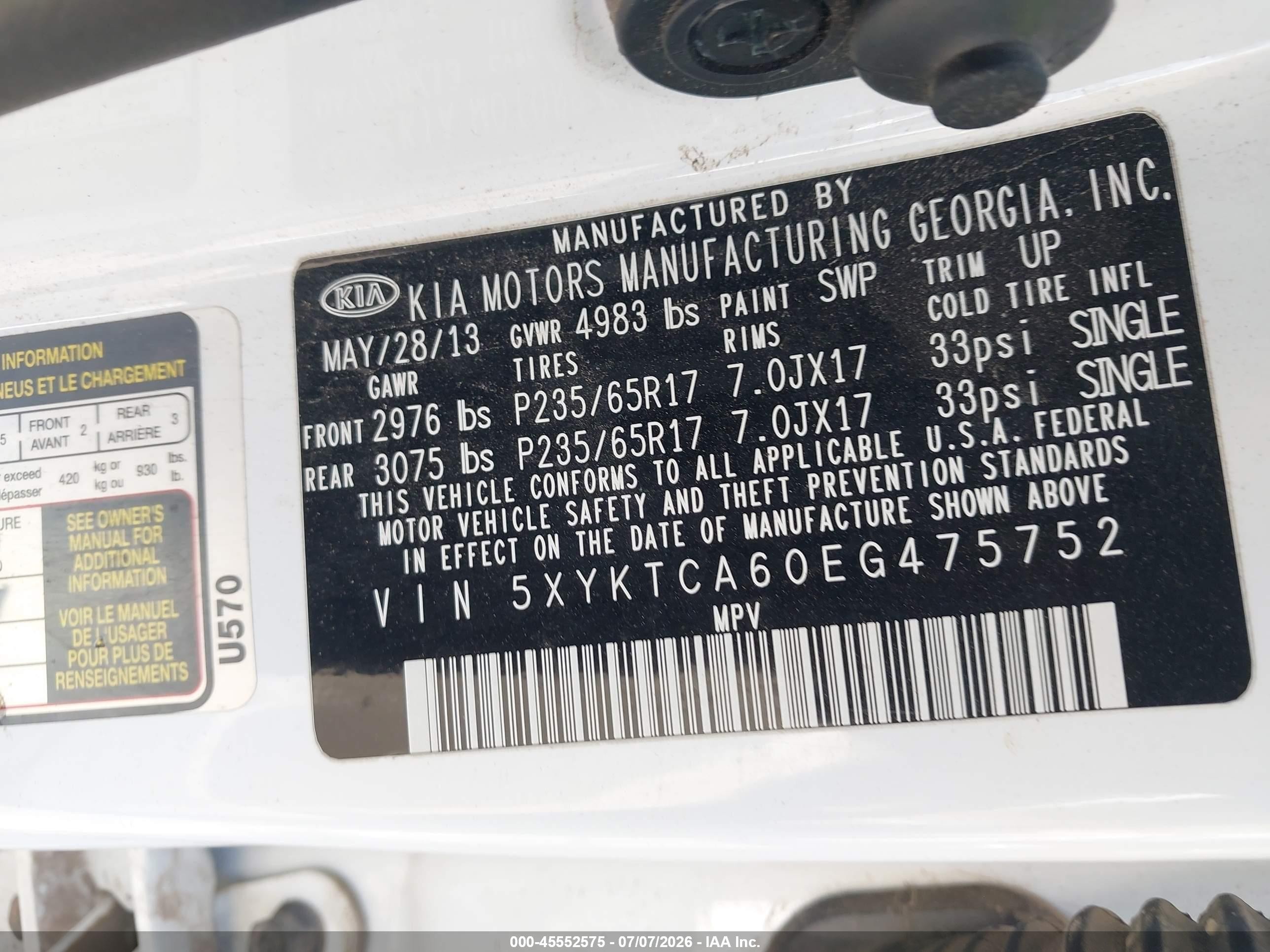 2014 Kia Sorento Lx White vin: 5XYKTCA60EG475752