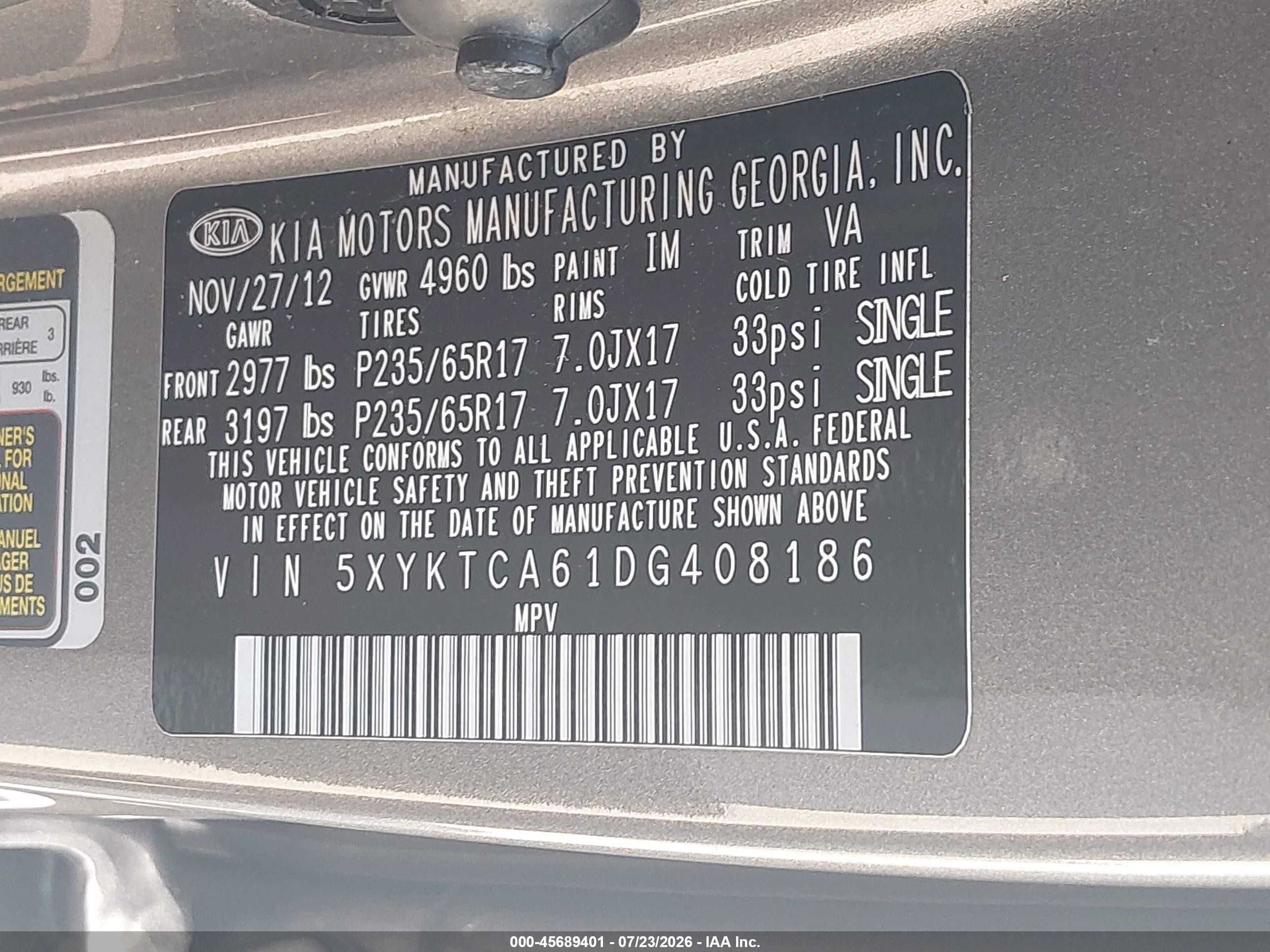 2013 Kia Sorento Lx Silver vin: 5XYKTCA61DG408186