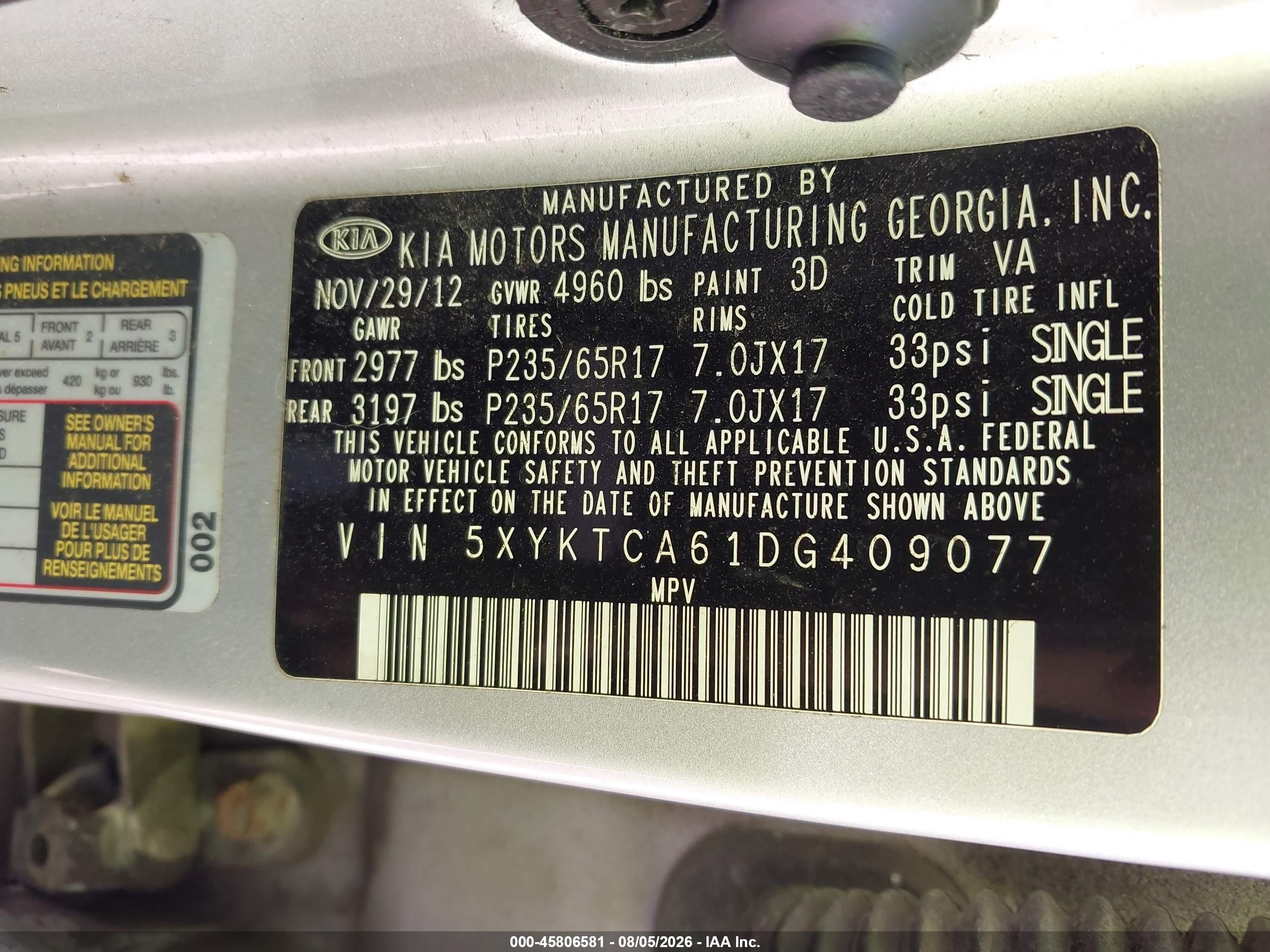 2013 Kia Sorento Lx Silver vin: 5XYKTCA61DG409077