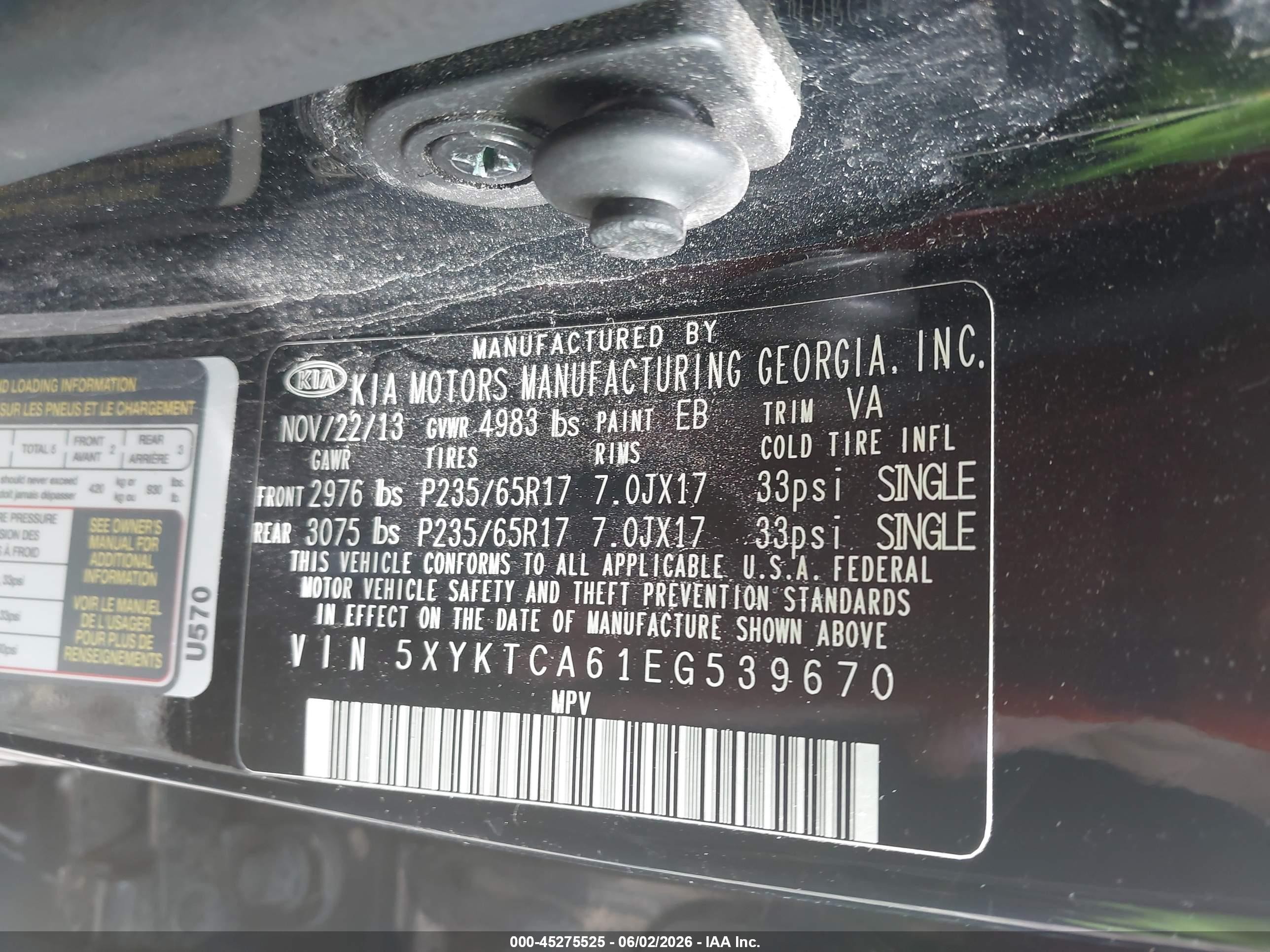 2014 Kia Sorento Lx Черный vin: 5XYKTCA61EG539670